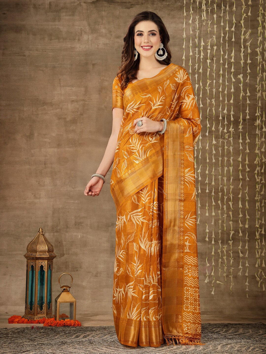 Stylum Floral Printed Zari Saree, Mustard