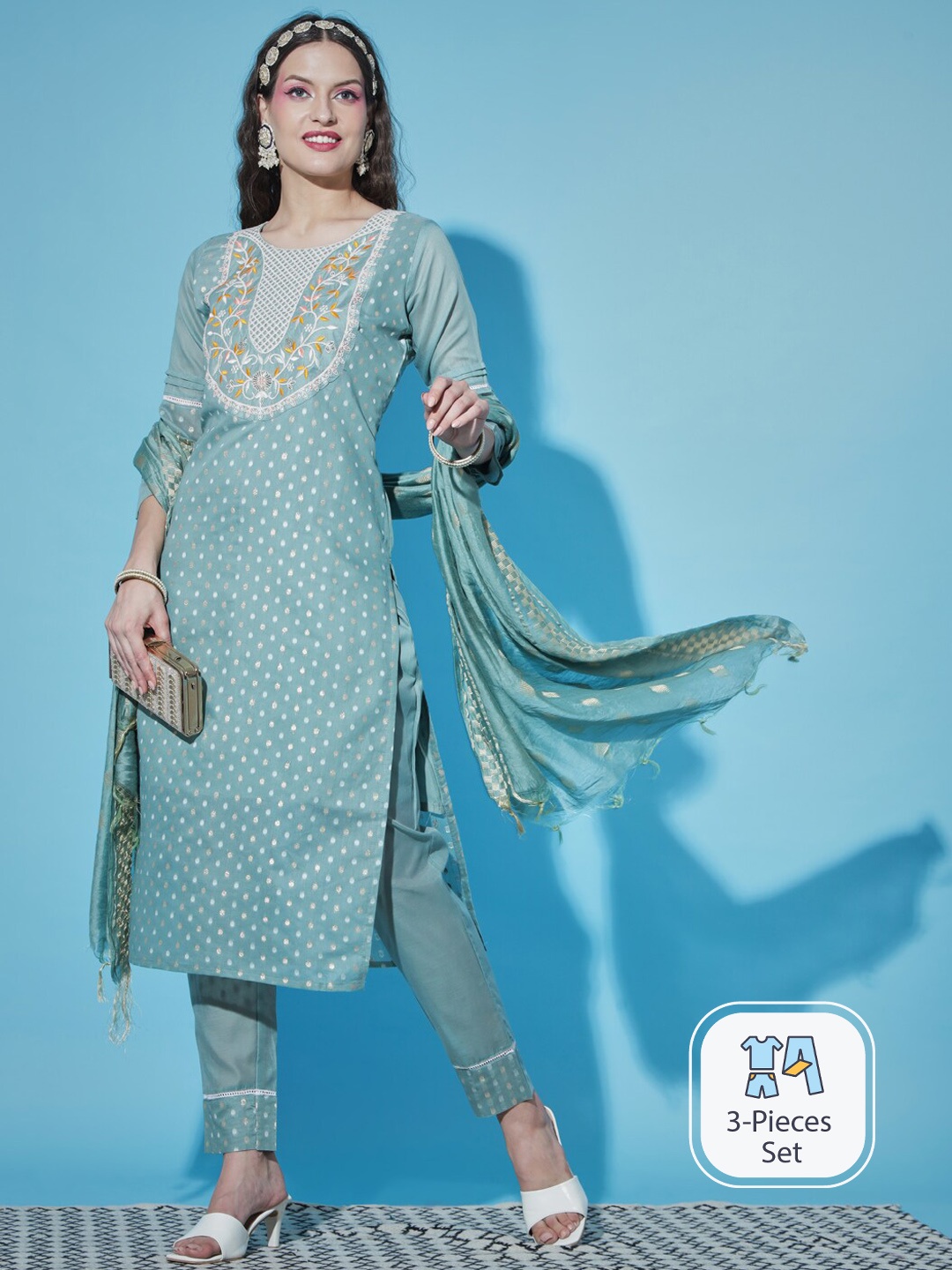PPTOSS Geometric Woven Design Regular Thread Work Kurta With Trousers & Dupatta, Blue
PPTOSS Geometric Woven Design Regular Thread Work Kurta With Trousers & Dupatta, Blue