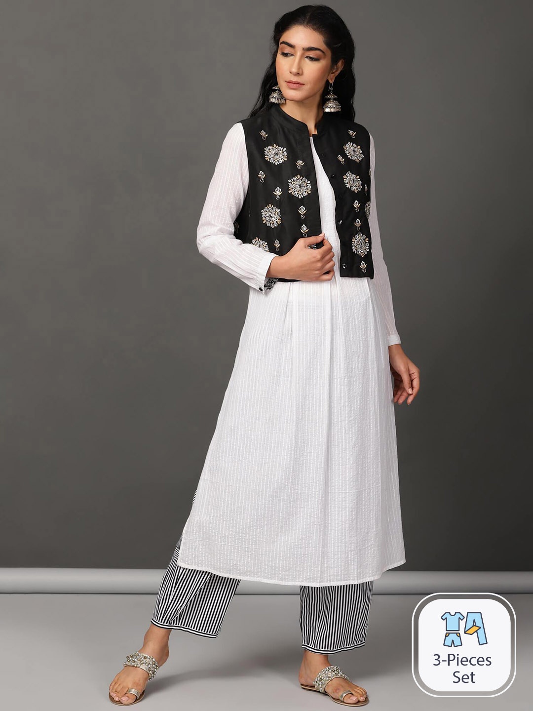 NUHH Striped Beads & Stones Pure Cotton Pleated Kurta With Trousers & Jacket, White
NUHH Striped Beads & Stones Pure Cotton Pleated Kurta With Trousers & Jacket, White