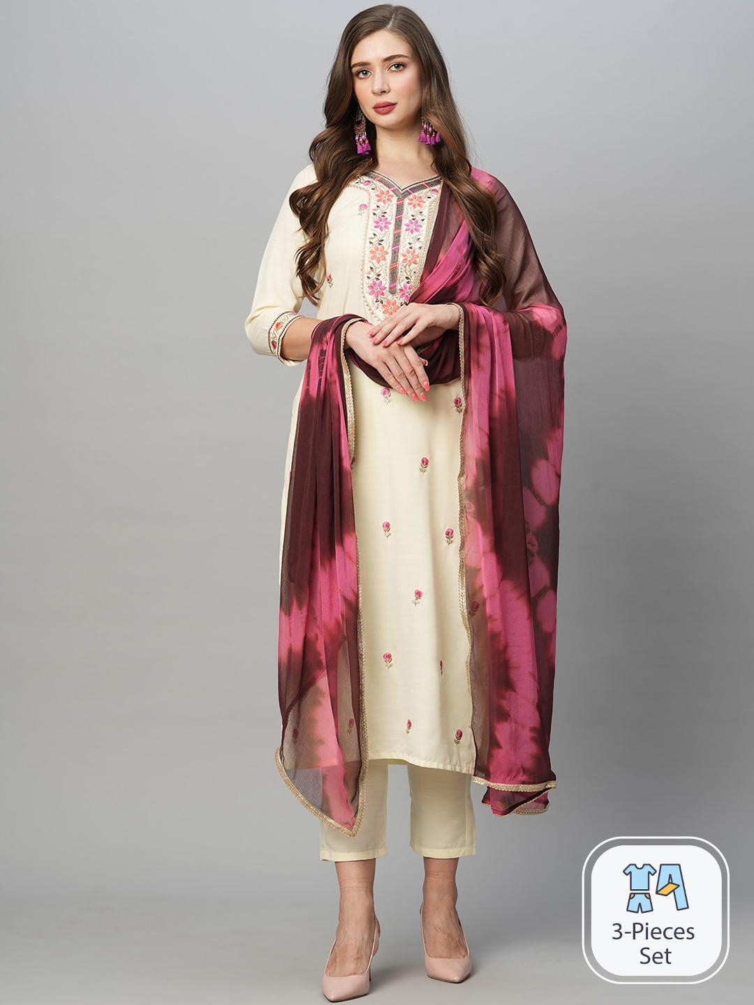 KALINI Floral Embroidered Regular Gotta Patti Kurta with Trousers & Dupatta, Cream