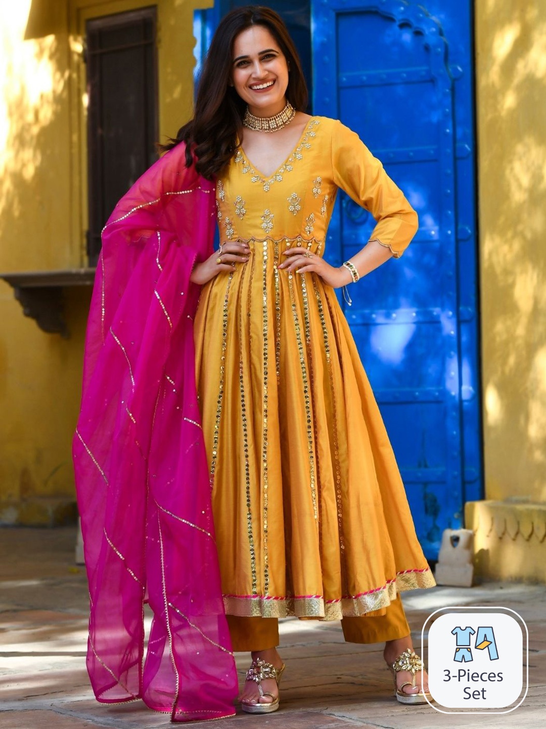 Urbanstree Floral Embroidered Empire Mirror Work Kurta With Trousers & Dupatta, Yellow
Urbanstree Floral Embroidered Empire Mirror Work Kurta With Trousers & Dupatta, Yellow