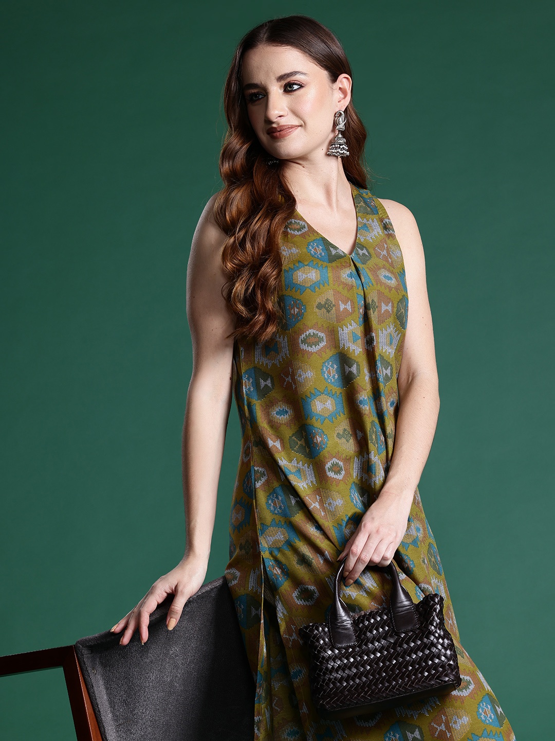 Sangria Pleated Printed Kurta, Olive