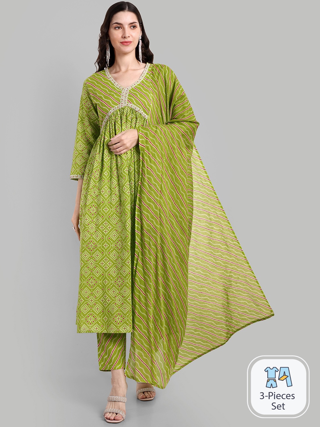 SINGNI Bandhani Printed Thread Work Pure Cotton Kurta & Trousers With Dupatta, Green
SINGNI Bandhani Printed Thread Work Pure Cotton Kurta & Trousers With Dupatta, Green