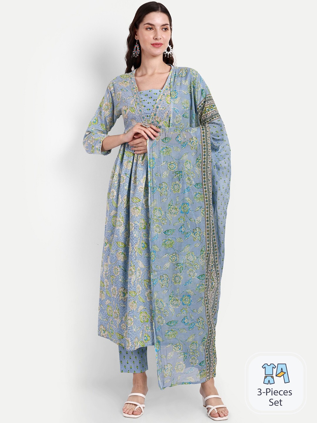 SINGNI Floral Printed V-Neck Mirror Work Pure Cotton Anarkali Kurta with Trouser & Dupatta, Blue
SINGNI Floral Printed V-Neck Mirror Work Pure Cotton Anarkali Kurta with Trouser & Dupatta, Blue