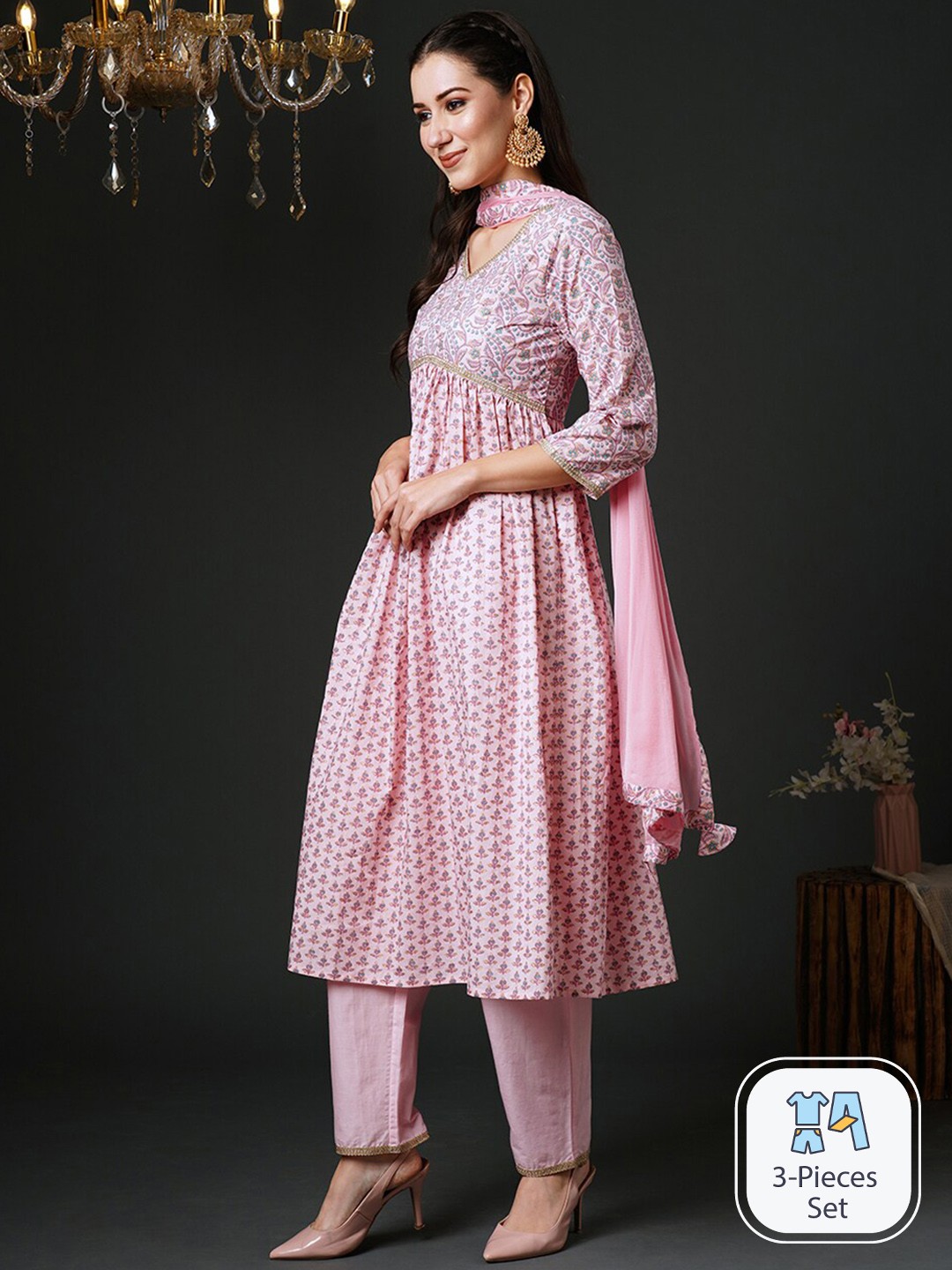 Indo Era Floral Printed Empire Pure Cotton Anarkali Kurta With Trousers & Dupatta, Pink
Indo Era Floral Printed Empire Pure Cotton Anarkali Kurta With Trousers & Dupatta, Pink