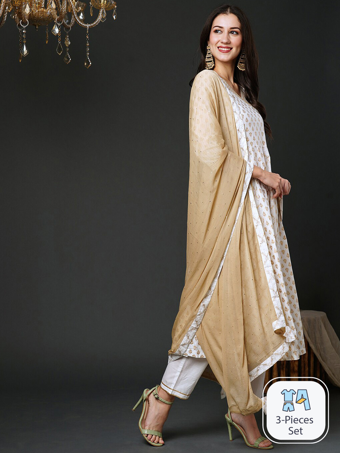 Indo Era Ethnic Motifs Printed Gotta Patti Angrakha A-Line Kurta with Trousers & Dupatta, Off white 
Indo Era Ethnic Motifs Printed Gotta Patti Angrakha A-Line Kurta with Trousers & Dupatta, Off white