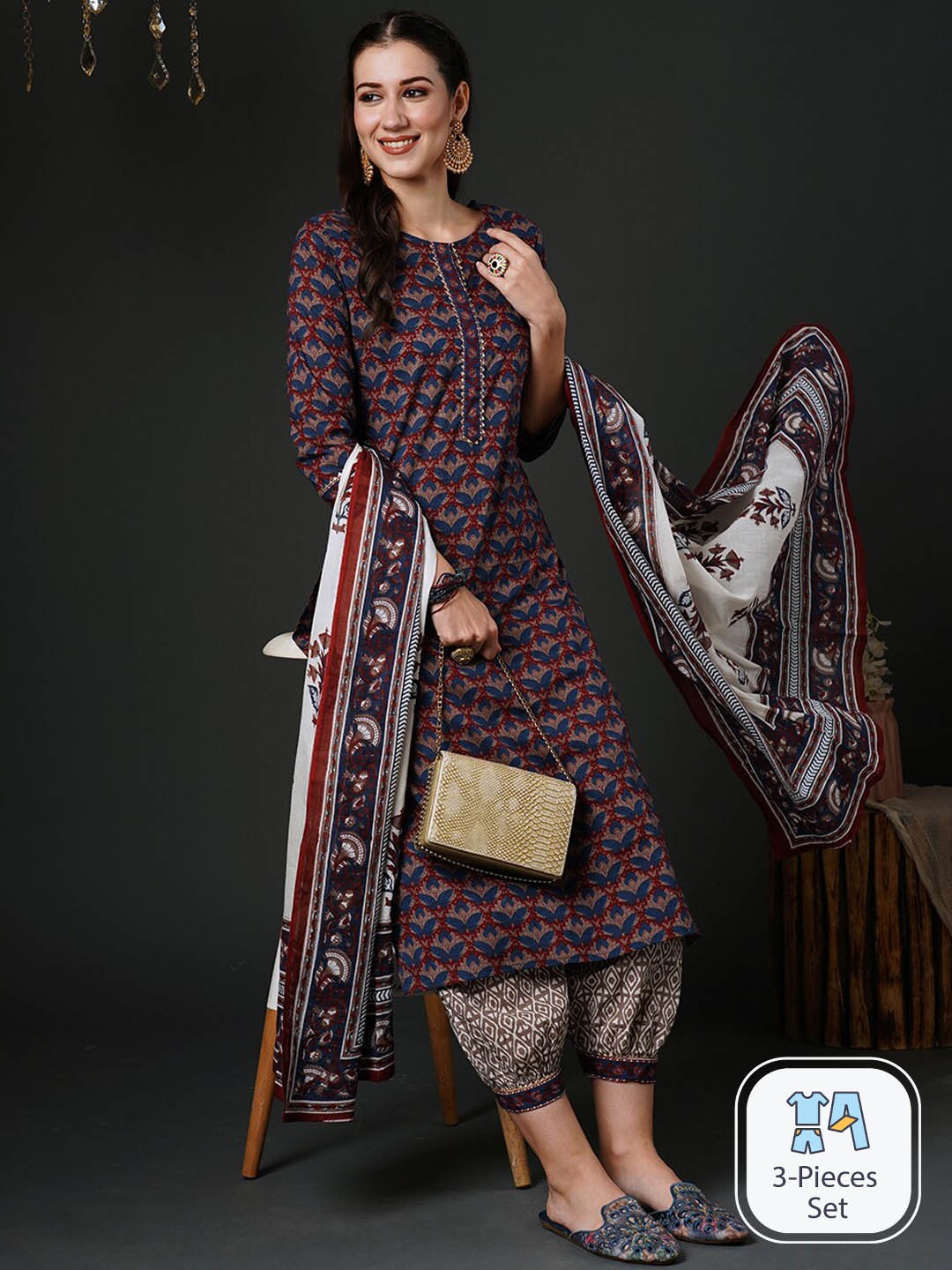 Indo Era Ethnic Motifs Printed Pure Cotton Regular Kurta with Salwar & Dupatta, Blue
Indo Era Ethnic Motifs Printed Pure Cotton Regular Kurta with Salwar & Dupatta, Blue