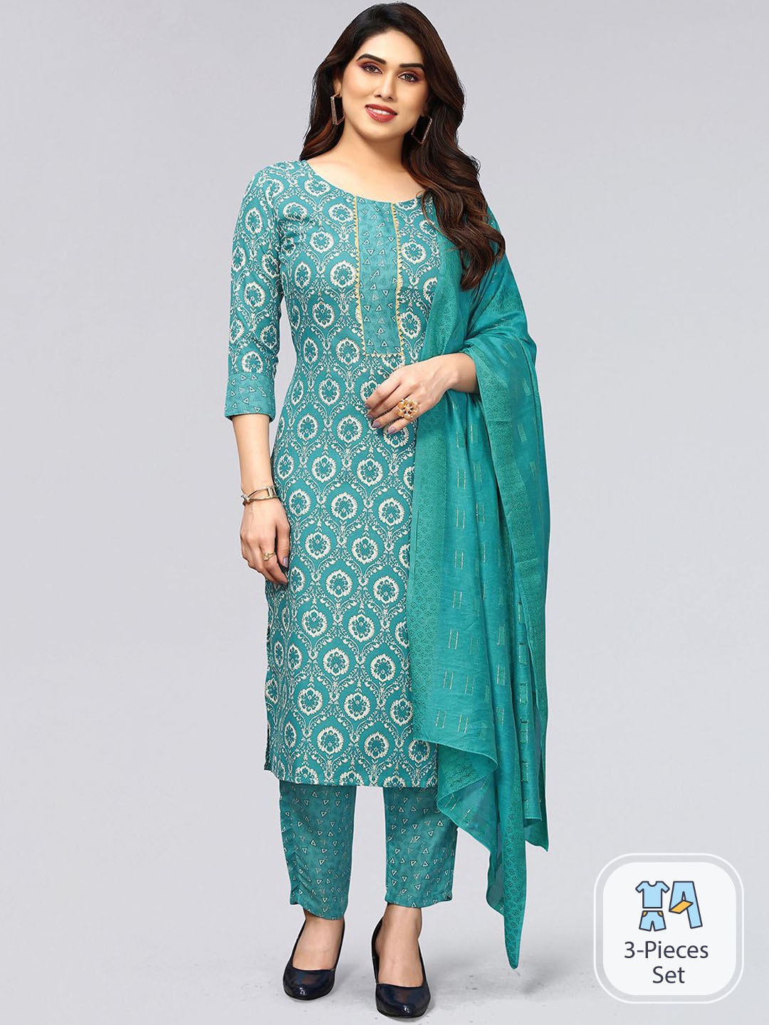 SKYLEE Ethnic Motifs Printed Gotta Patti Straight Kurta with Trousers & Dupatta, Teal
SKYLEE Ethnic Motifs Printed Gotta Patti Straight Kurta with Trousers & Dupatta, Teal