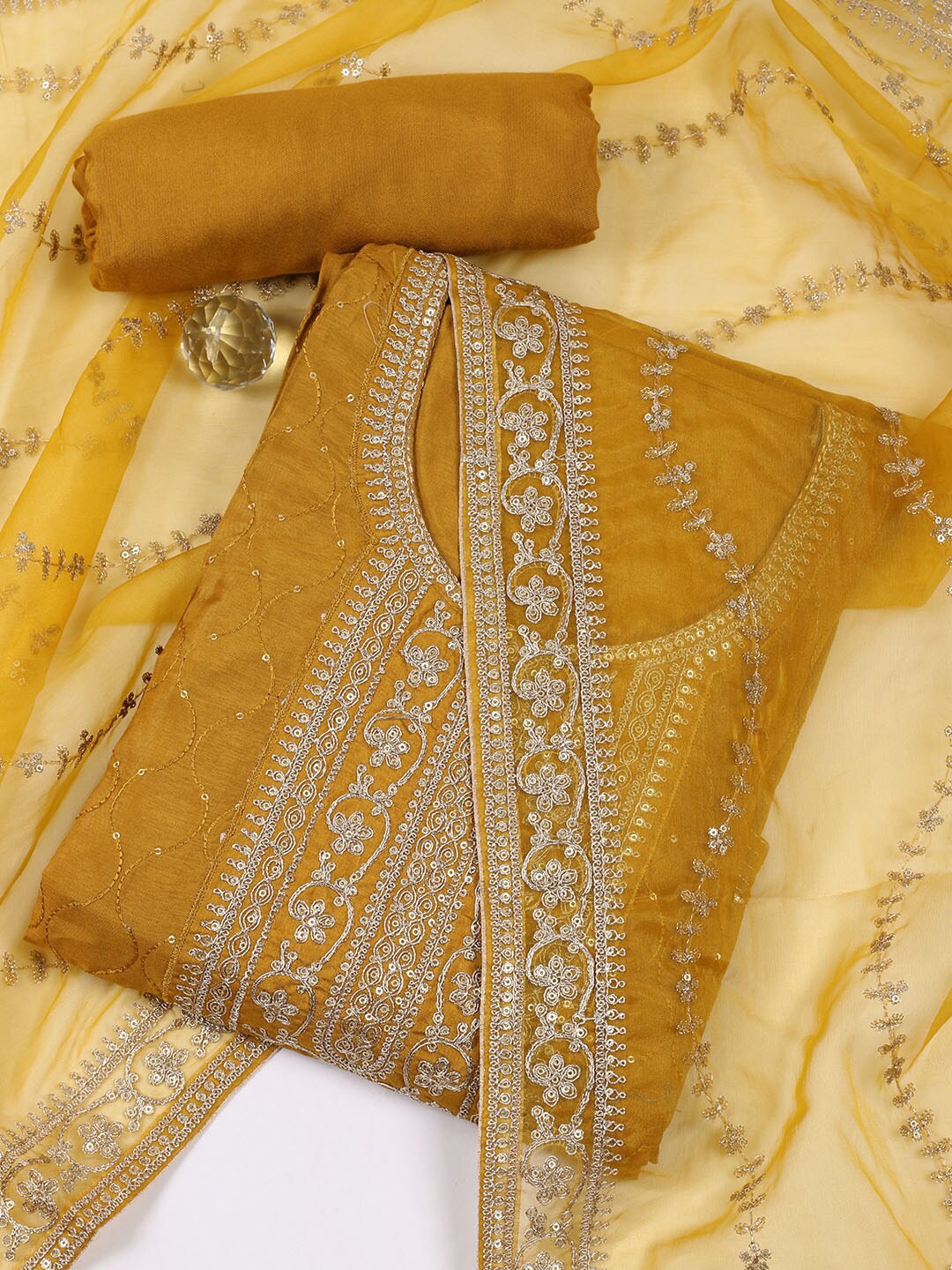 Meena Bazaar Floral Embroidered Sequinned Detailed Unstitched Dress Material, Mustard
Meena Bazaar Floral Embroidered Sequinned Detailed Unstitched Dress Material, Mustard