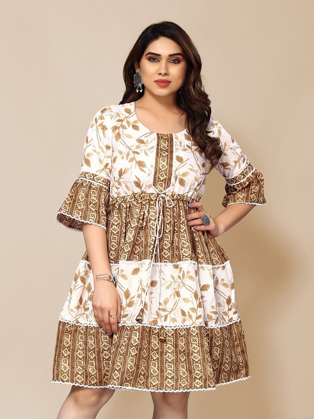 TITANIUM SILK INDUSTRIES PVT. LTD. Floral Printed Cotton Bell Sleeves Fit & Flare Dress, Brown
TITANIUM SILK INDUSTRIES PVT. LTD. Floral Printed Cotton Bell Sleeves Fit & Flare Dress, Brown