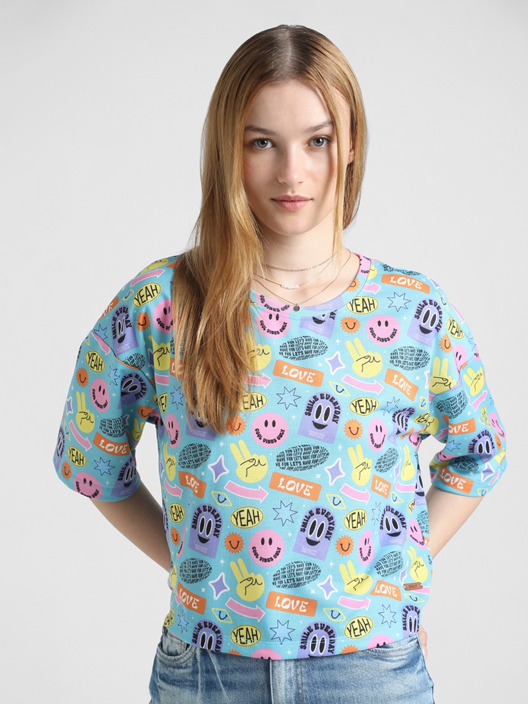 ONLY Conversational Printed Boxy T-shirt, Blue