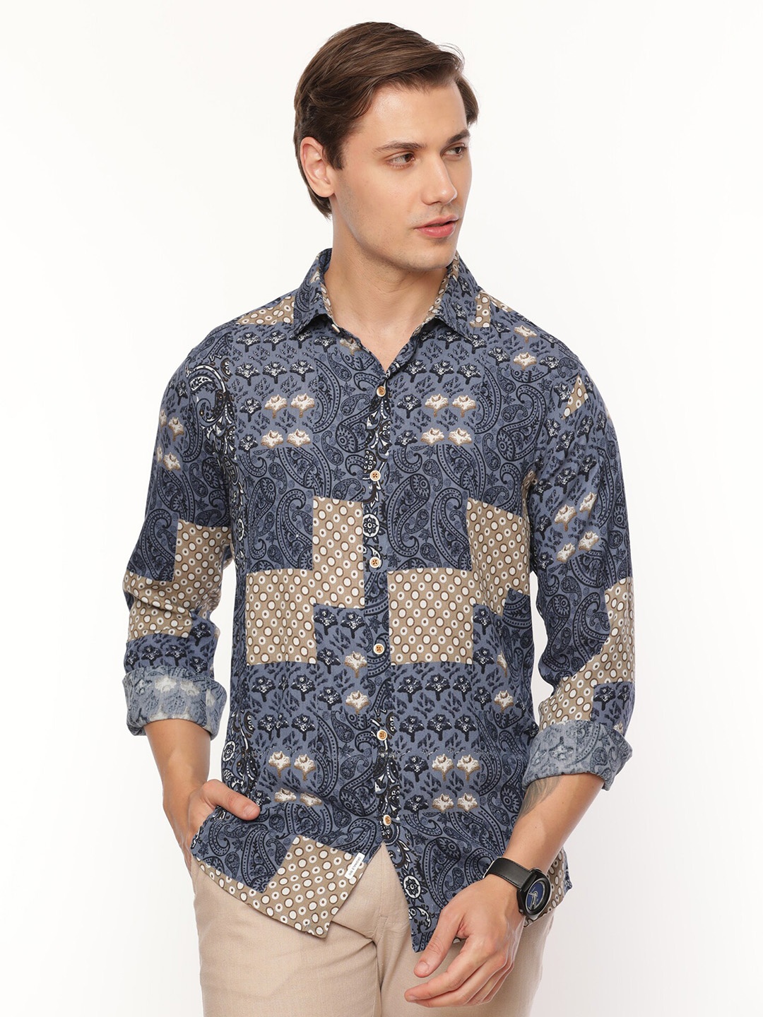 FLY 69 Spread Collar Premium Slim Fit Ethnic Motifs Printed Casual Pure Cotton Shirt, Blue
FLY 69 Spread Collar Premium Slim Fit Ethnic Motifs Printed Casual Pure Cotton Shirt, Blue