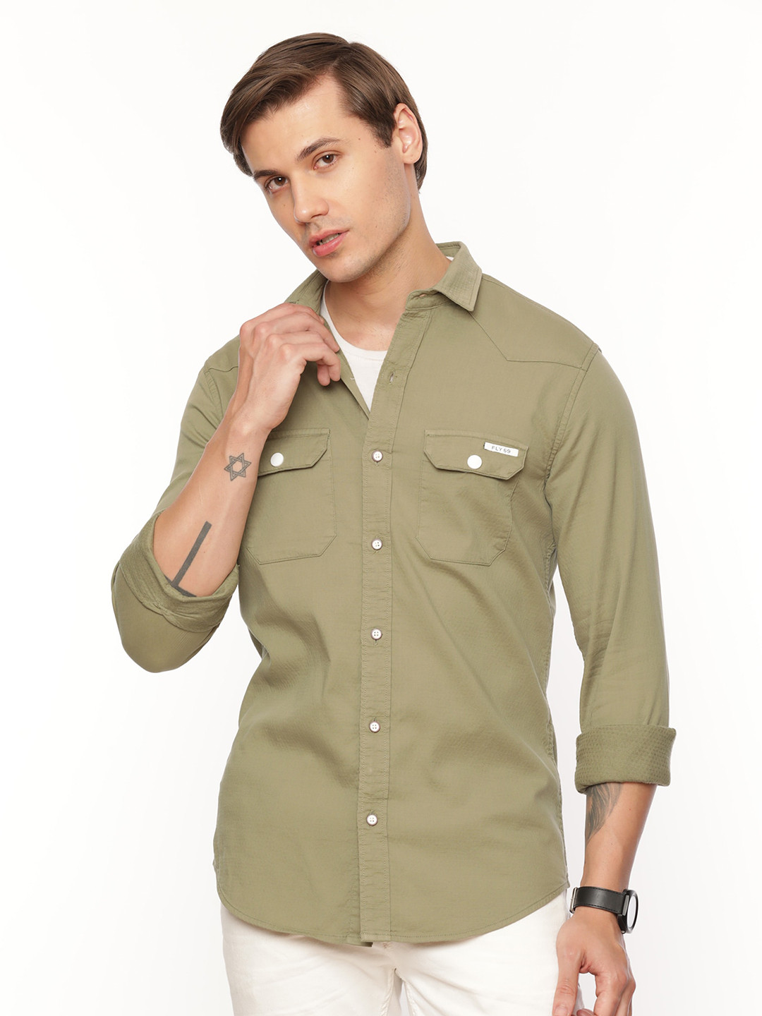 FLY 69 Premium Slim Fit Casual Pure Cotton Shirt, Olive 
FLY 69 Premium Slim Fit Casual Pure Cotton Shirt, Olive