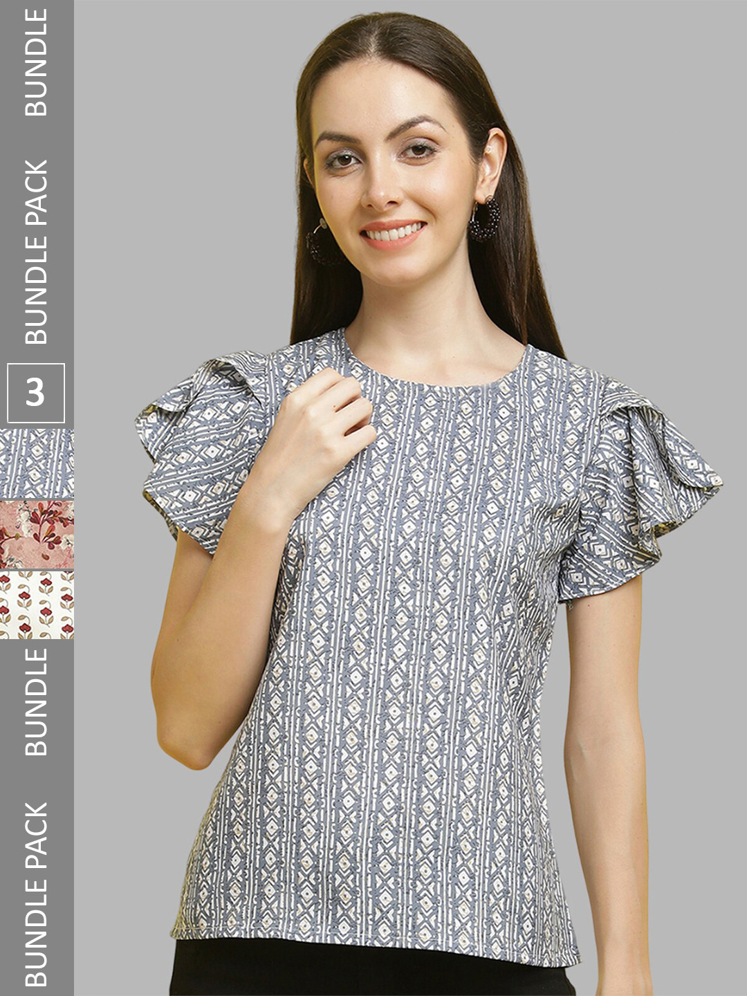 Poshyaa Pack Of 3 Floral Printed Flutter Sleeve Crepe Tops, Grey 
Poshyaa Pack Of 3 Floral Printed Flutter Sleeve Crepe Tops, Grey