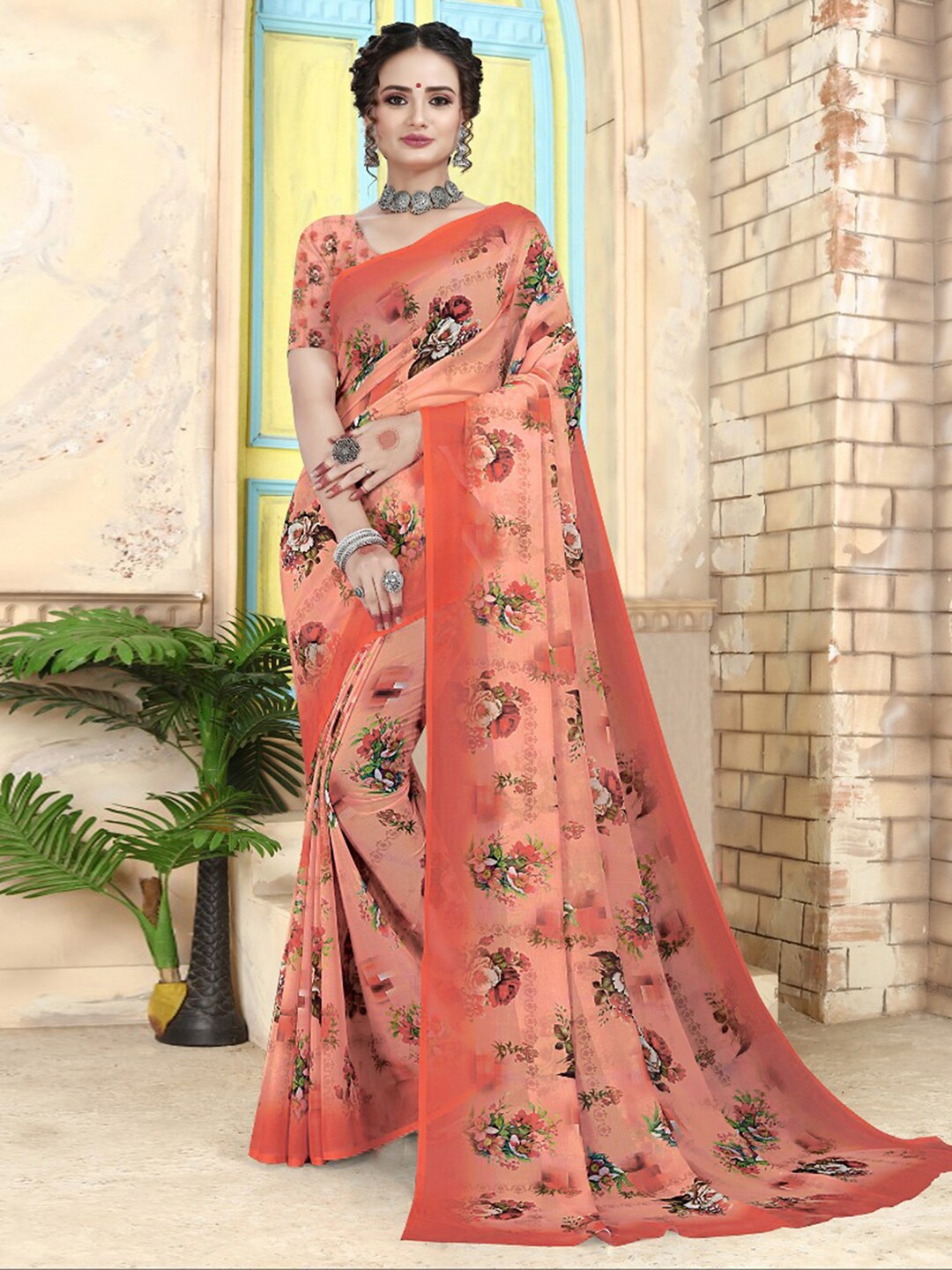 Mitera Peach-Coloured Floral Printed Saree