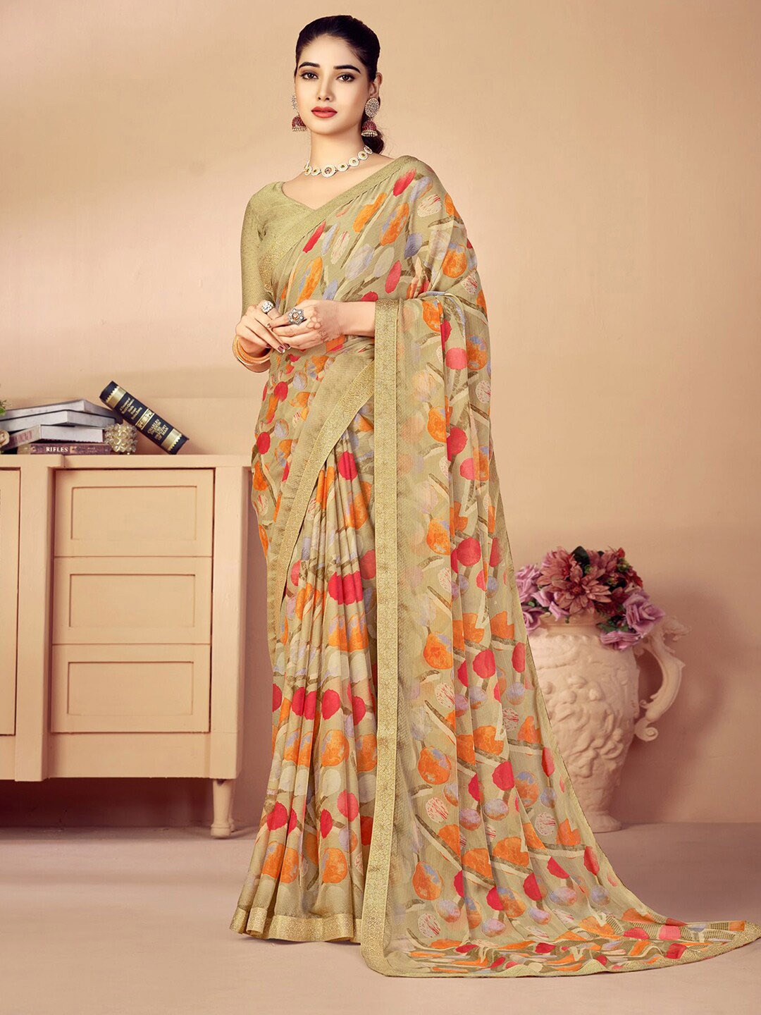 Satrani Abstract Printed Zari Saree, Beige