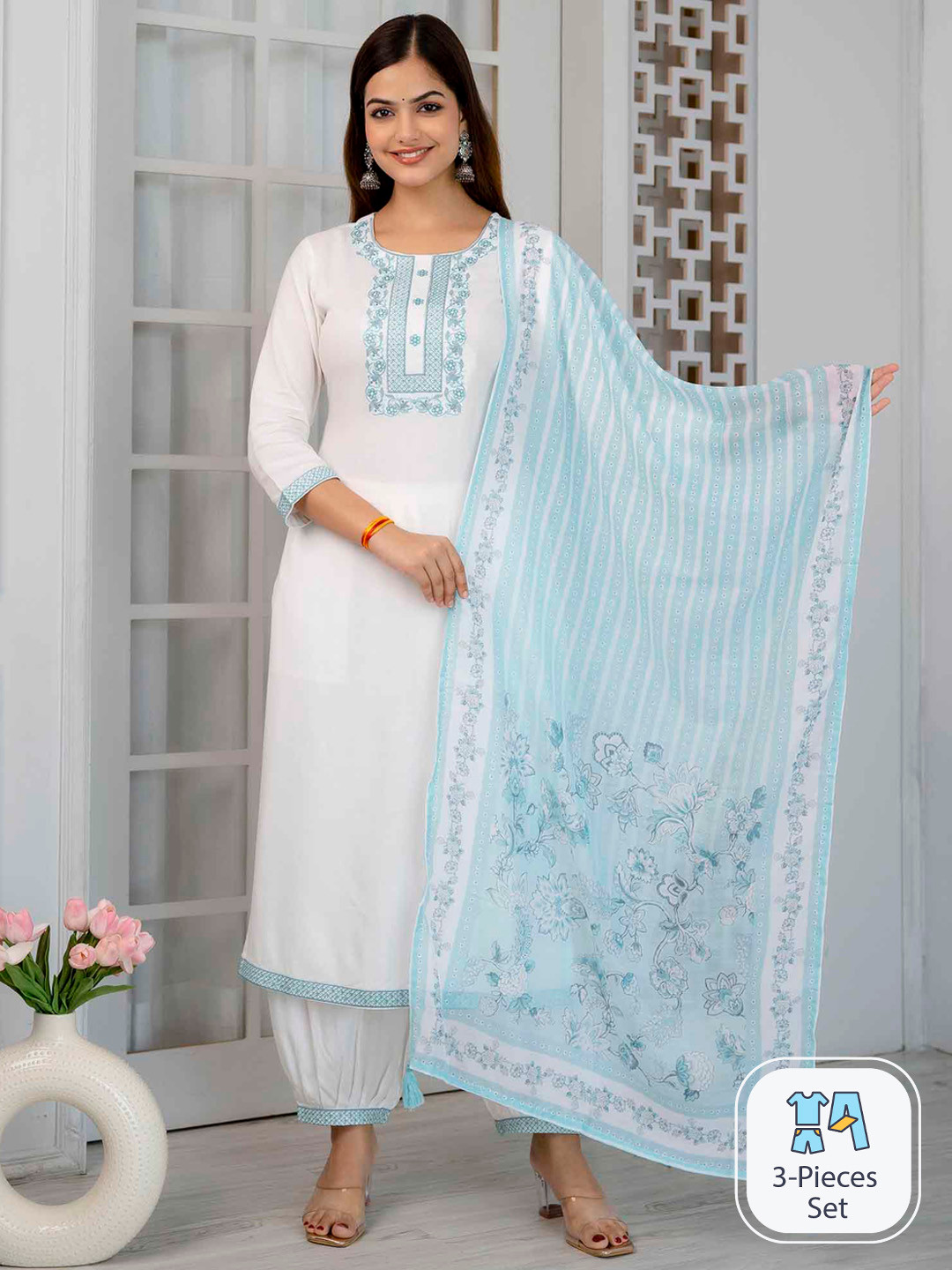 Nehamta Round Neck Thread Work Kurta with Trouser & With Dupatta, White
Nehamta Round Neck Thread Work Kurta with Trouser & With Dupatta, White