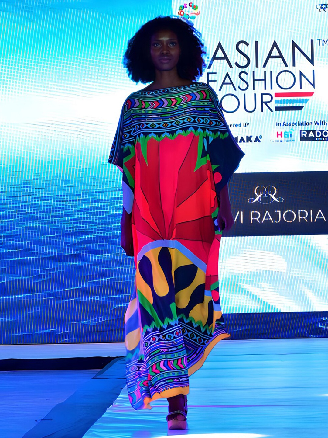 Rajoria Instyle Abstract Printed Extended Sleeves Maxi Kaftan dress, Blue
