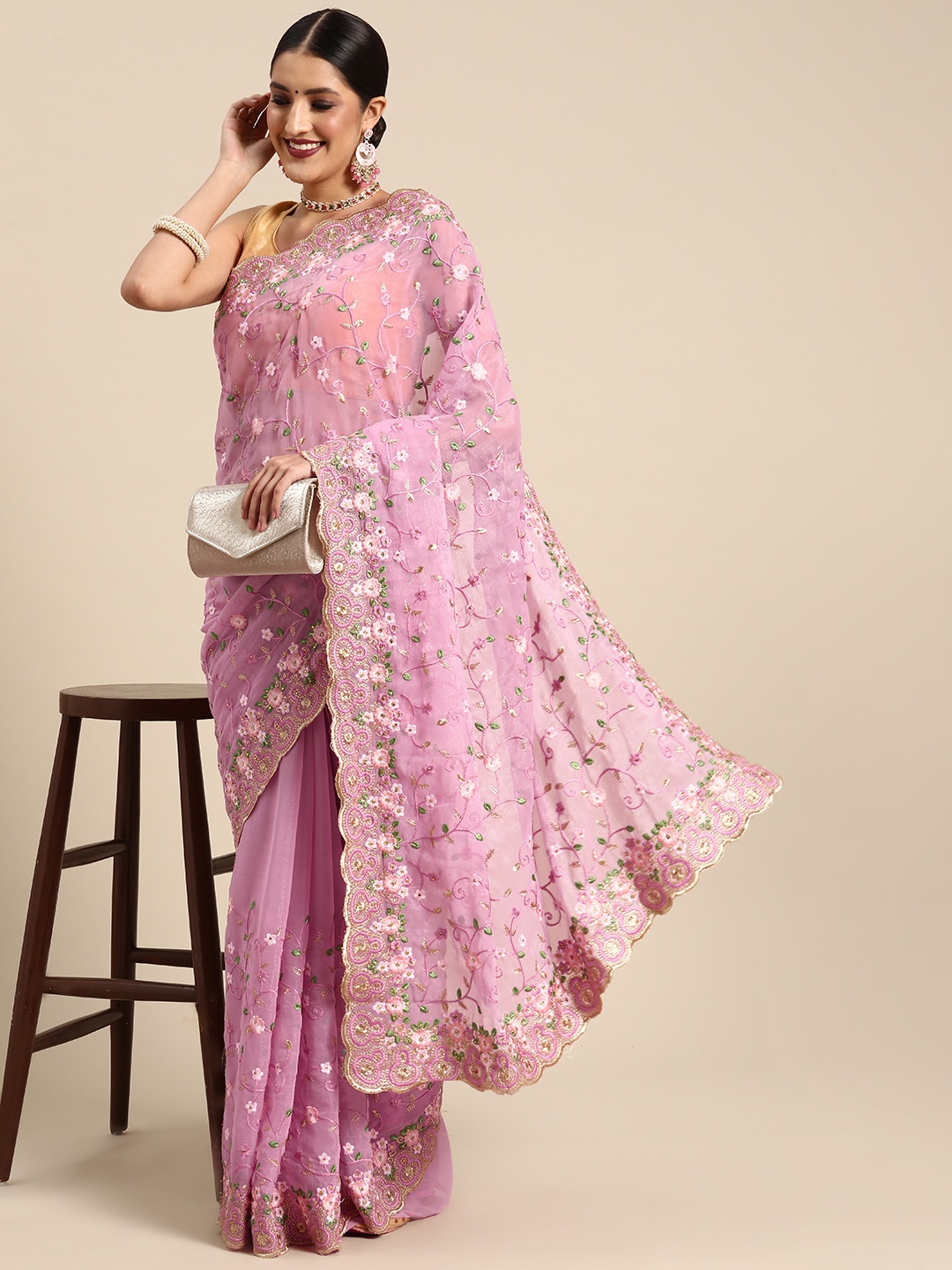 Tikhi Imli Floral Embroidered Poly Chiffon Heavy Work Saree, Pink