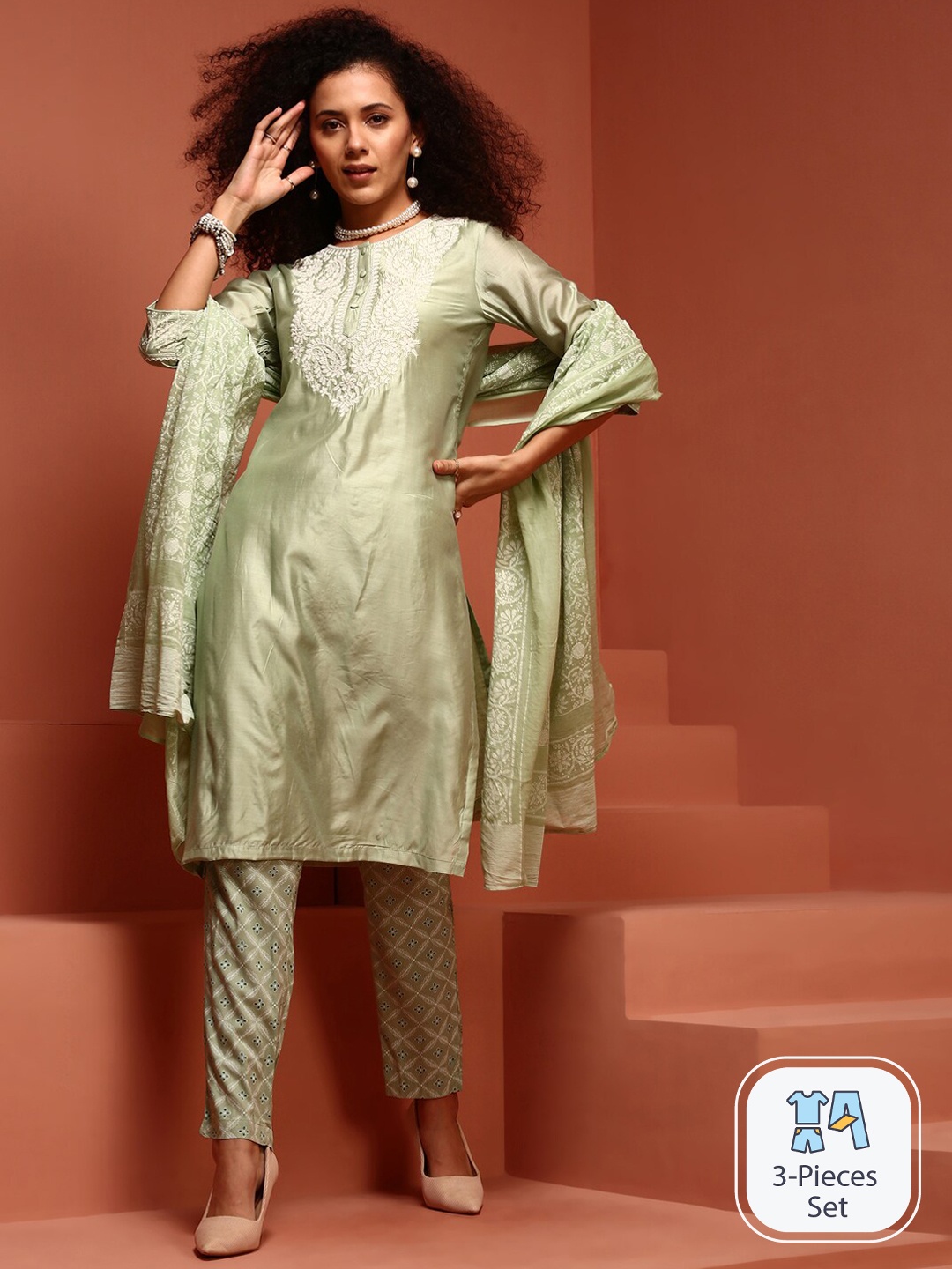 IMARA Ethnic Motifs Embroidered Chikankari Kurta With Trousers & With Dupatta, Green
IMARA Ethnic Motifs Embroidered Chikankari Kurta With Trousers & With Dupatta, Green