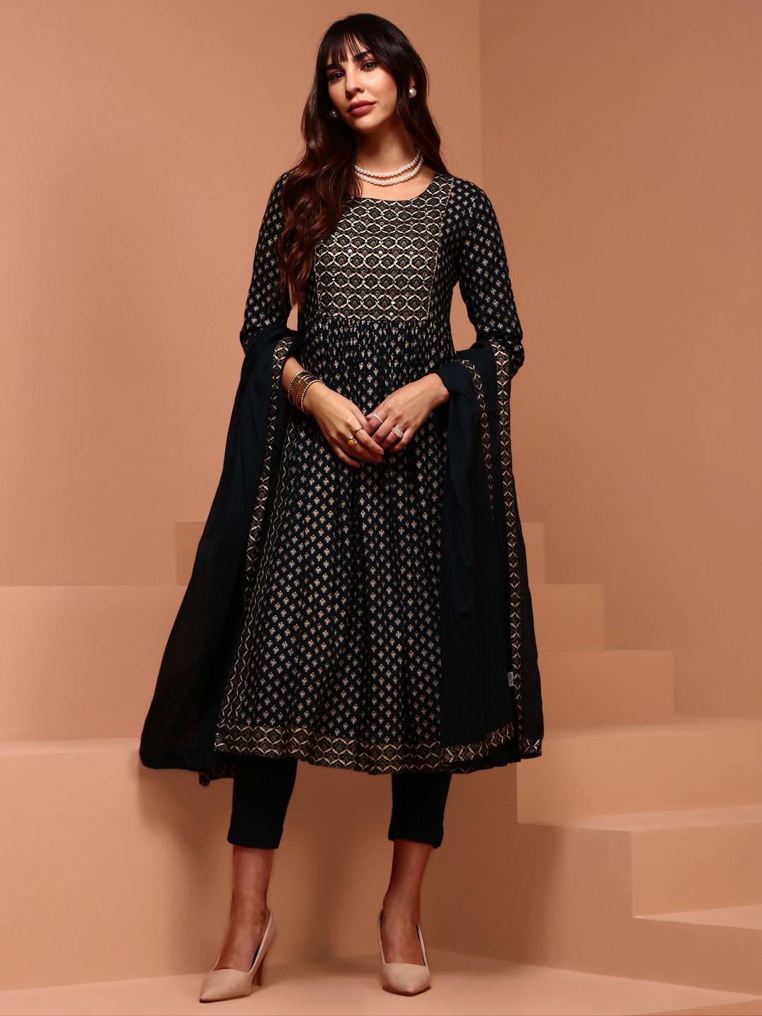 IMARA Ethnic Motifs Printed Sequinned Detailed A-Line Kurta & Trousers With Dupatta, Navy blue
IMARA Ethnic Motifs Printed Sequinned Detailed A-Line Kurta & Trousers With Dupatta, Navy blue
