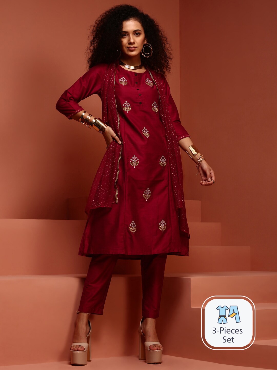 IMARA Ethnic Motifs Embroidered Gotta Patti Straight Kurta & Trousers With Dupatta, Red
IMARA Ethnic Motifs Embroidered Gotta Patti Straight Kurta & Trousers With Dupatta, Red