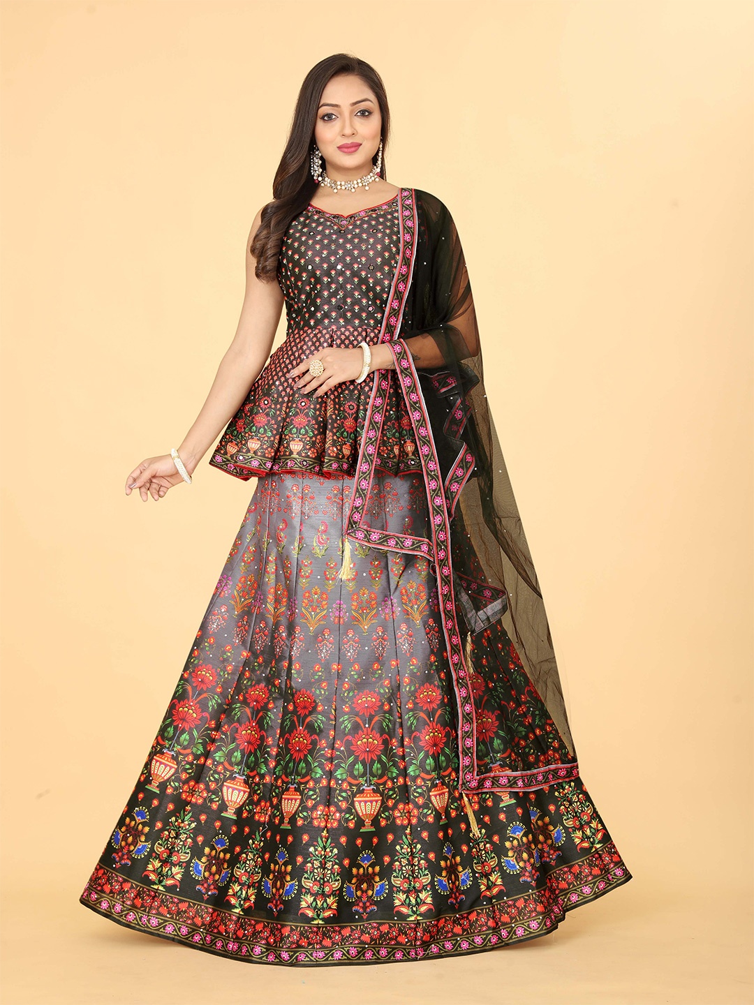 EthnicTree Printed Beads and Stones Ready to Wear Lehenga & Blouse With Dupatta, Black
EthnicTree Printed Beads and Stones Ready to Wear Lehenga & Blouse With Dupatta, Black