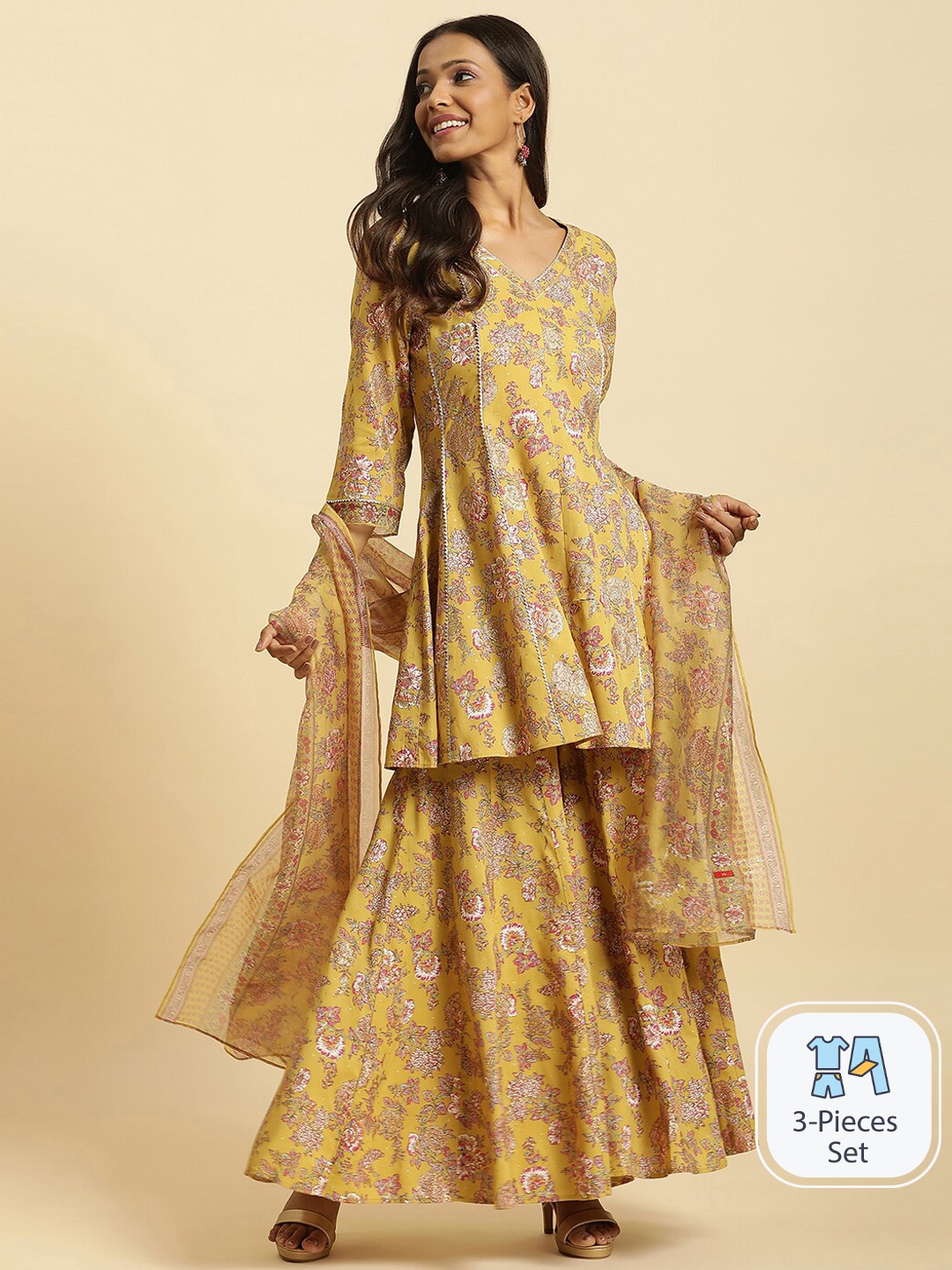 W Floral Printed Gotta Patti Detailed Panelled A-Line Kurta & Sharara With Dupatta, Yellow
W Floral Printed Gotta Patti Detailed Panelled A-Line Kurta & Sharara With Dupatta, Yellow