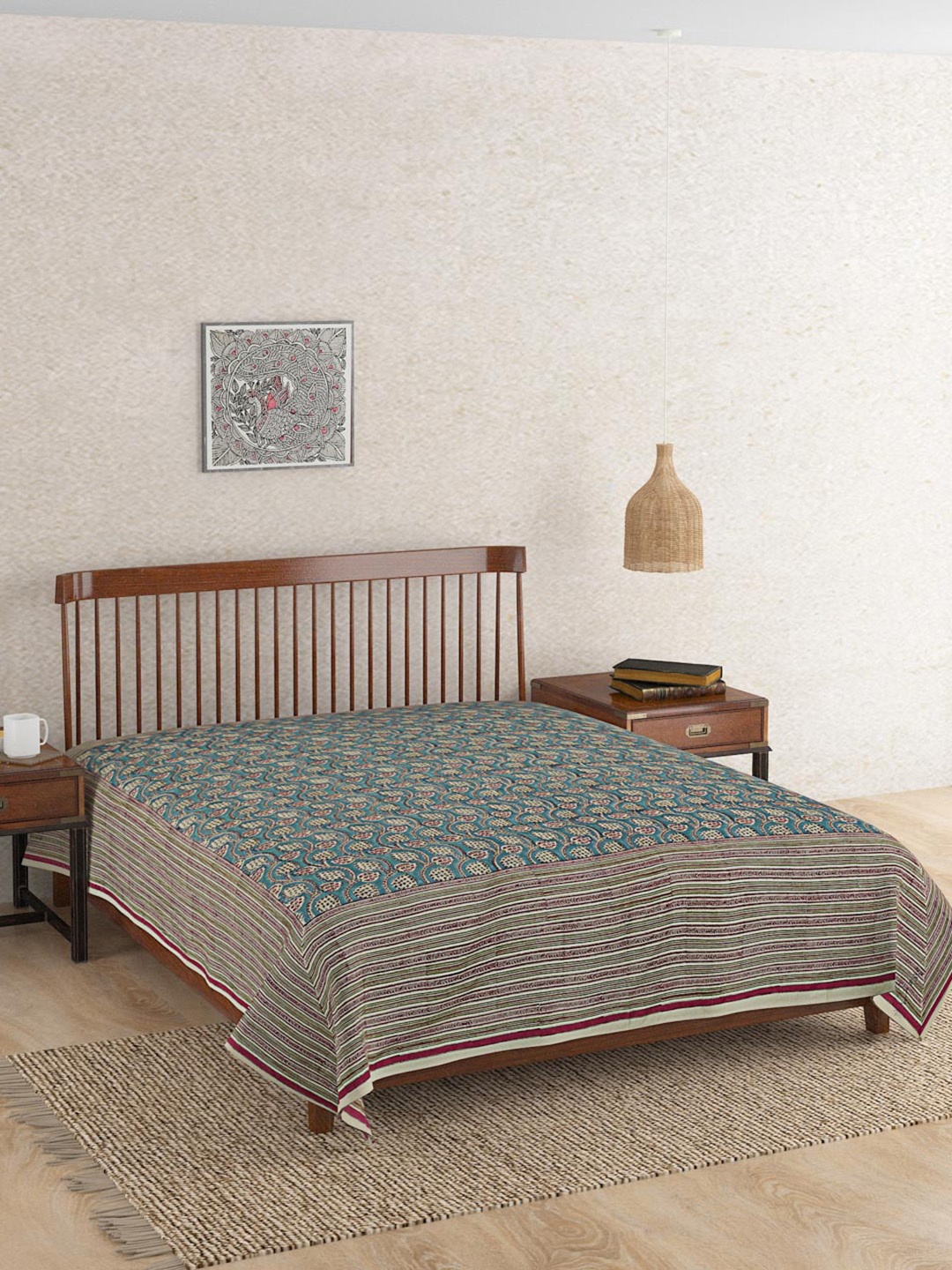 Fabindia Blue Printed Cotton Double Bed Cover