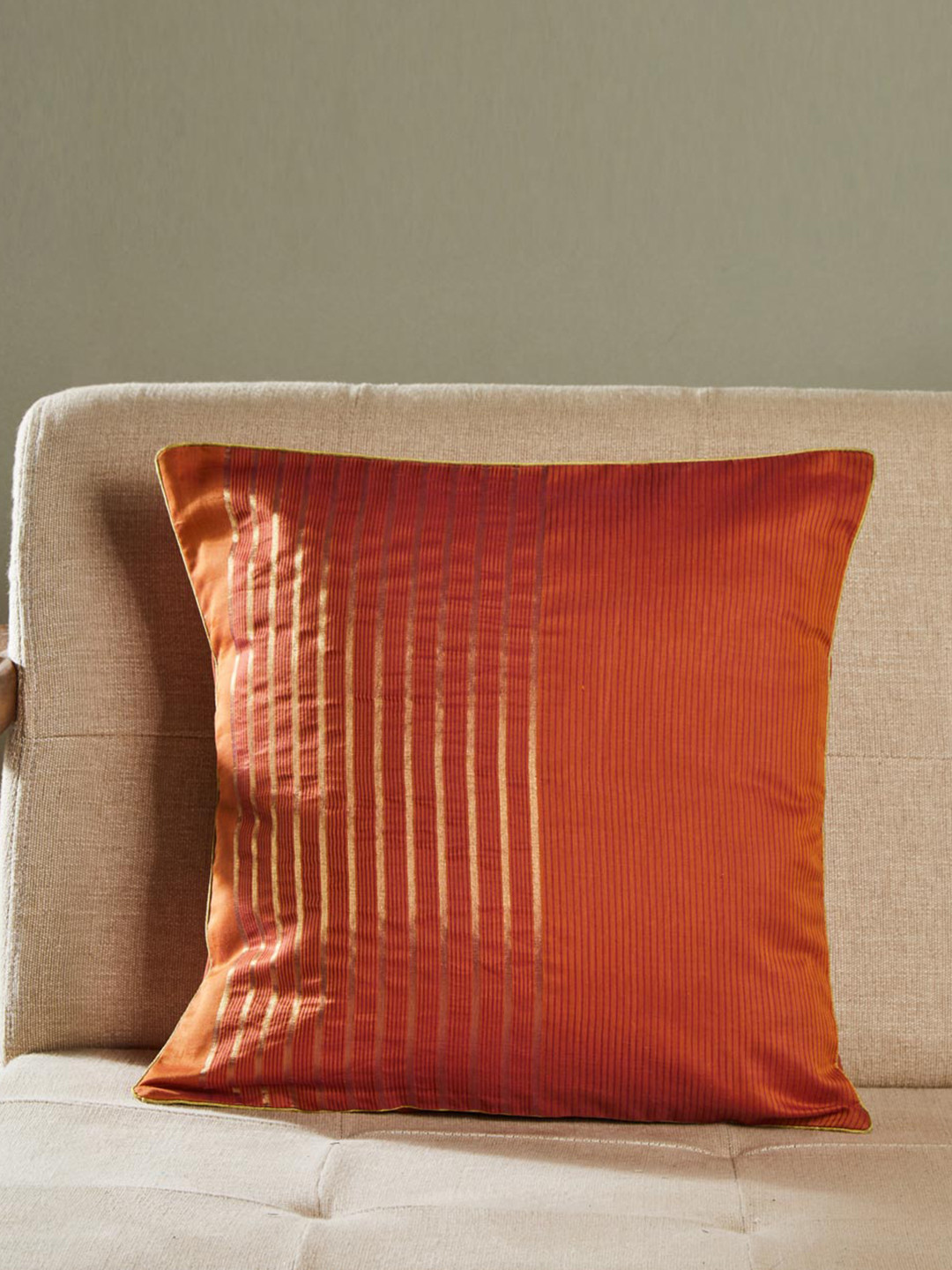 Fabindia Elijah Maheshwari Rust Red & Gold-Toned Striped Cotton Silk Square Cushion Cover
Fabindia Elijah Maheshwari Rust Red & Gold-Toned Striped Cotton Silk Square Cushion Cover