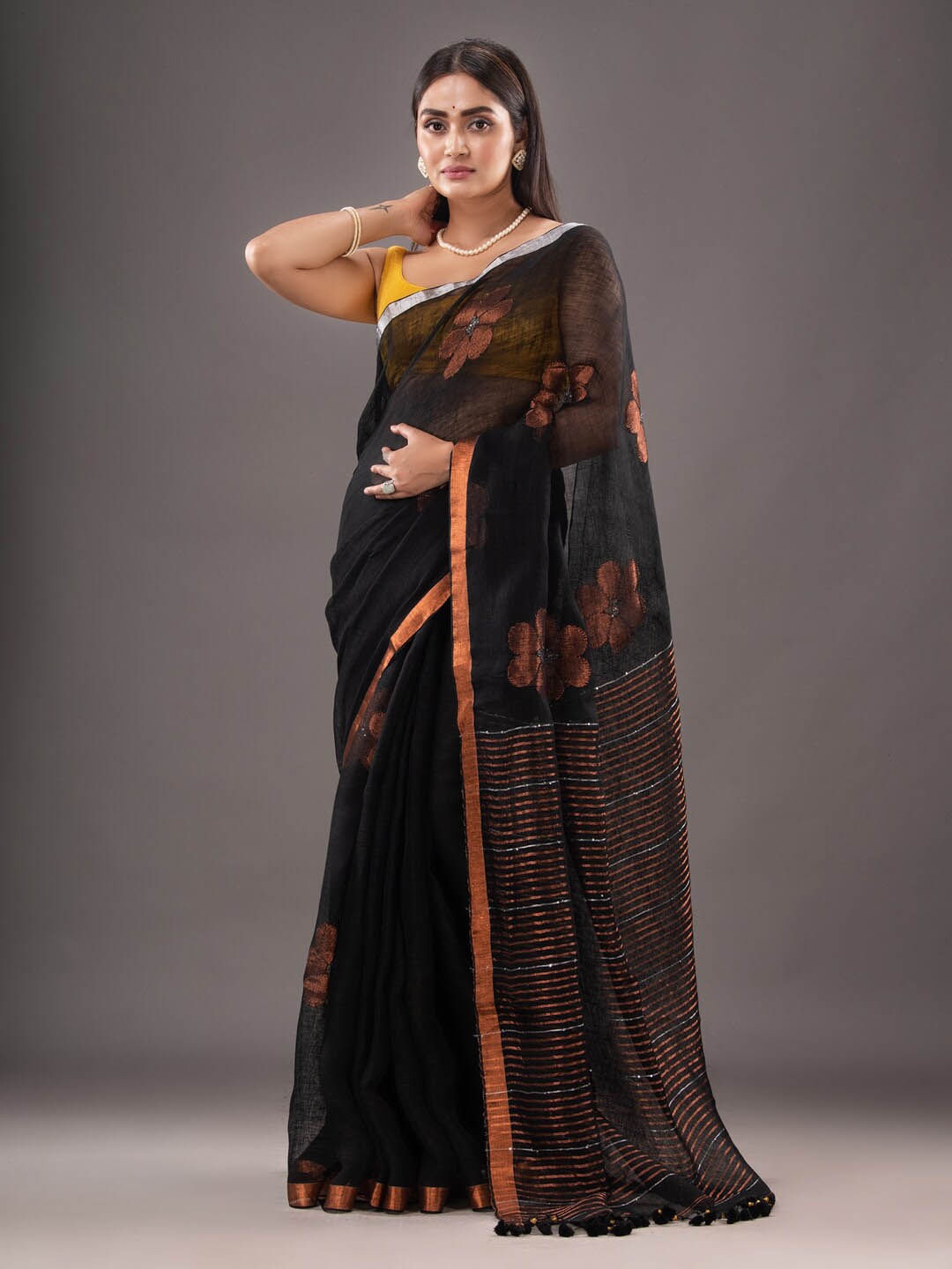 Mitera Floral Printed Zari Pure Linen Saree, Black