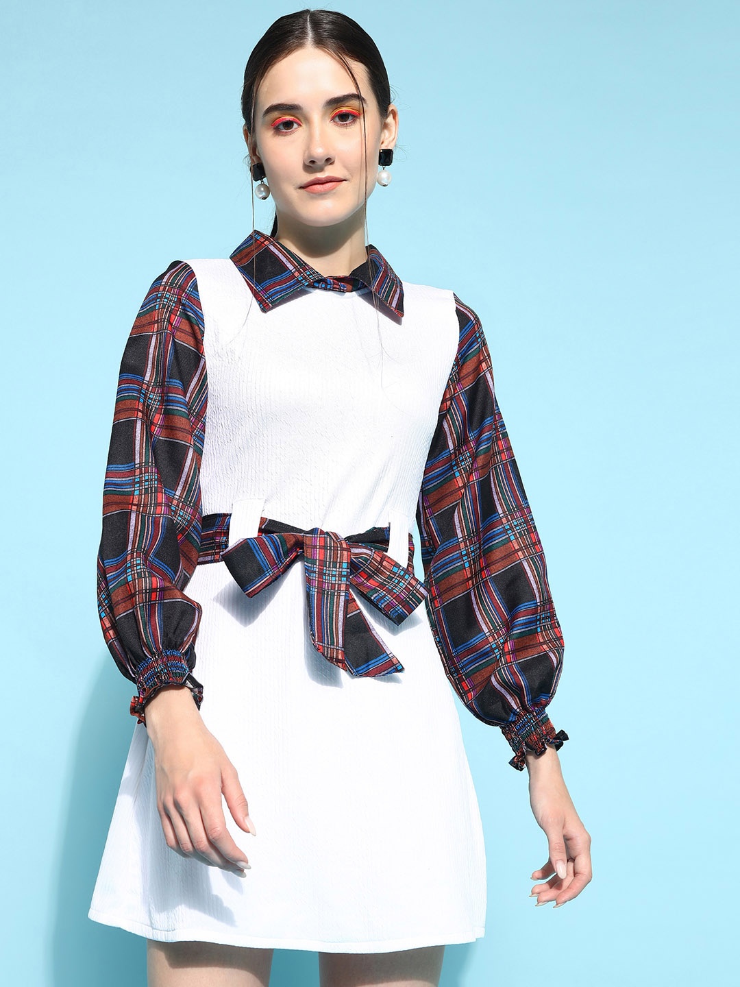 WESTHOOD Checked Belted Shirt Collar A-Line Dress, White