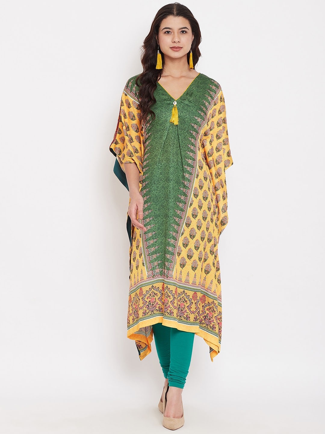 The Kaftan Company Ethnic Motifs Printed V-Neck Flared Sleeves Satin Kaftan Kurta, Yellow
The Kaftan Company Ethnic Motifs Printed V-Neck Flared Sleeves Satin Kaftan Kurta, Yellow