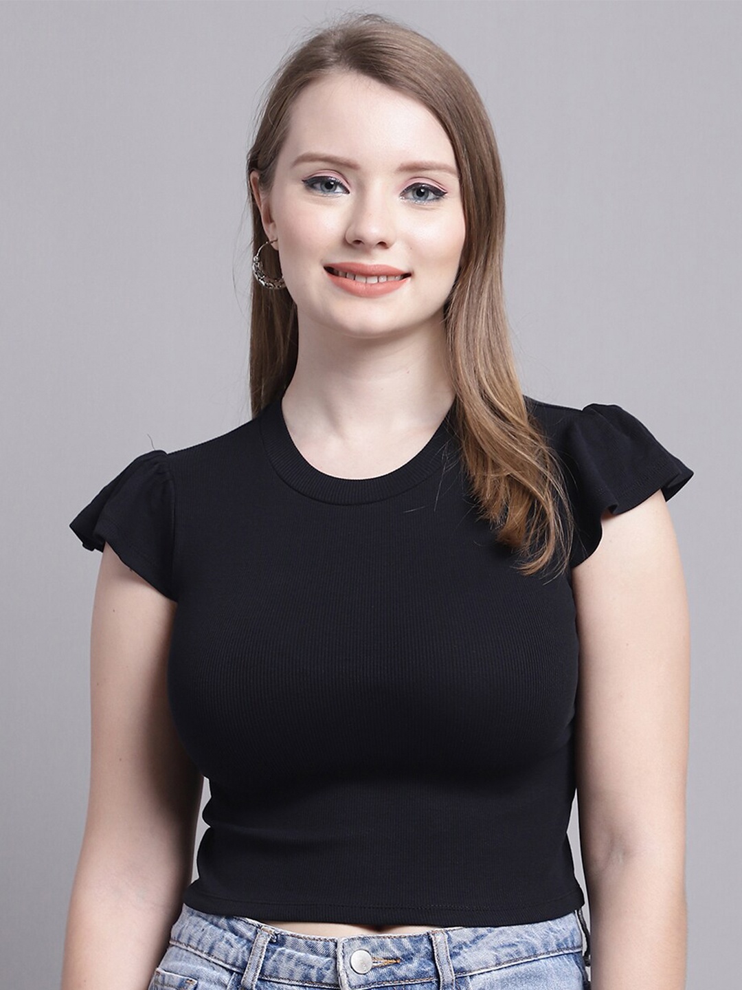 Jinfo Cap Sleeves Fitted Crop Top, Black