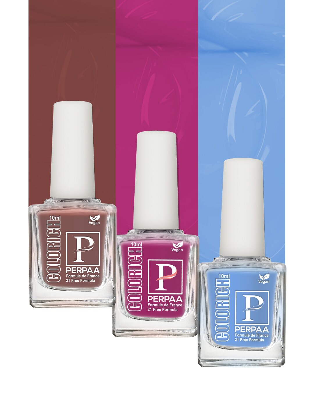 PERPAA Colorich SetOf3 French Formula Nail Polishe-10ml Each-Ice Blue-Rani Pink-Coco Brown, Multi
PERPAA Colorich SetOf3 French Formula Nail Polishe-10ml Each-Ice Blue-Rani Pink-Coco Brown, Multi