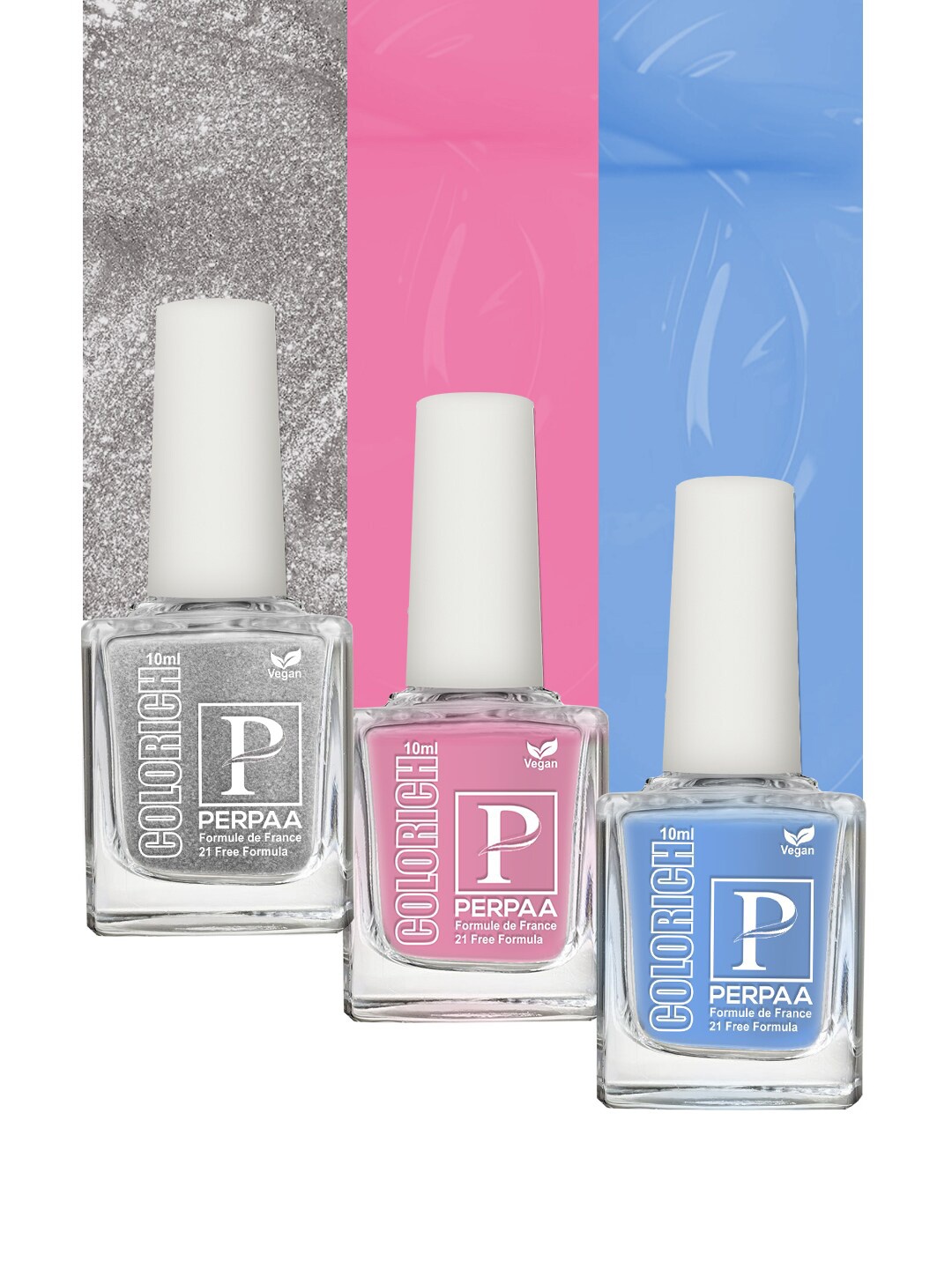 PERPAA Colorich Set3 French Formula Nail Polishe-10mlEach-Baby Pink,IceBlue,Texture Silver, Multi
PERPAA Colorich Set3 French Formula Nail Polishe-10mlEach-Baby Pink,IceBlue,Texture Silver, Multi
