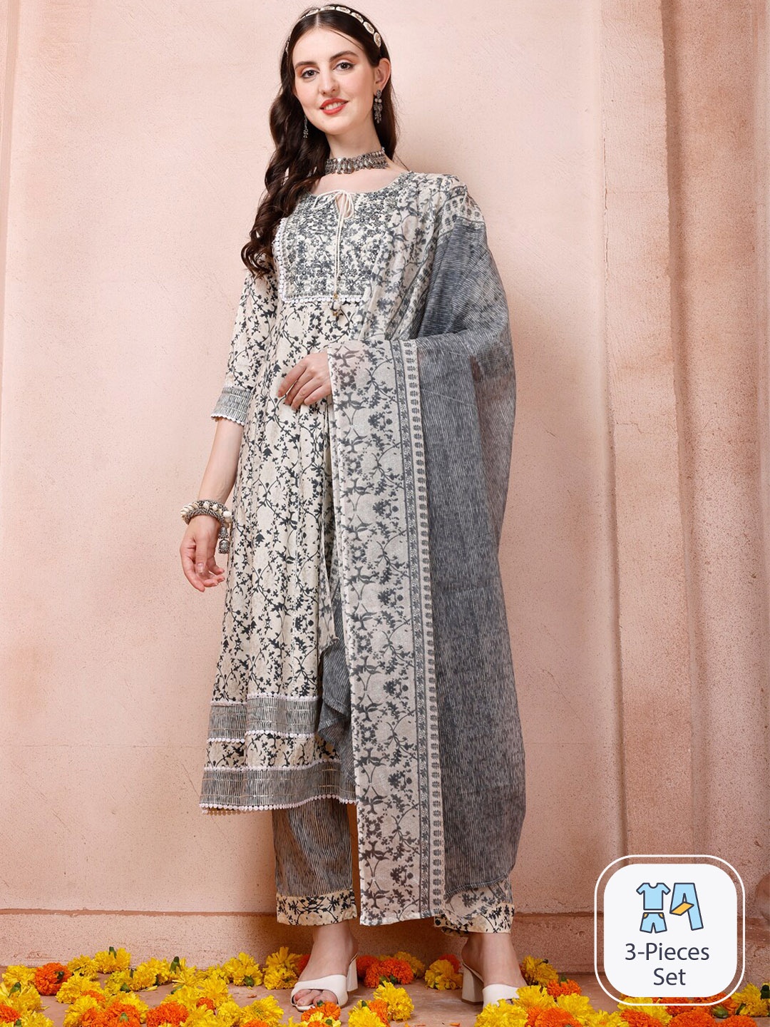 Berrylicious Floral Printed Tie-Up Neck Thread Work A-Line Kurta & Trousers With Dupatta, Grey
Berrylicious Floral Printed Tie-Up Neck Thread Work A-Line Kurta & Trousers With Dupatta, Grey