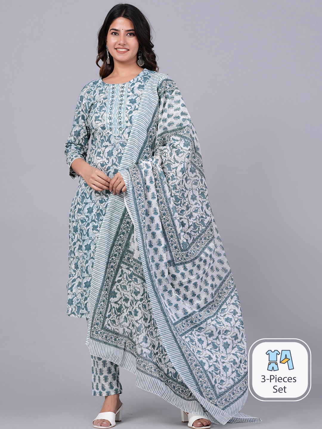 KALINI Floral Printed Pure Cotton Straight Kurta With Trousers & Dupatta, White
KALINI Floral Printed Pure Cotton Straight Kurta With Trousers & Dupatta, White