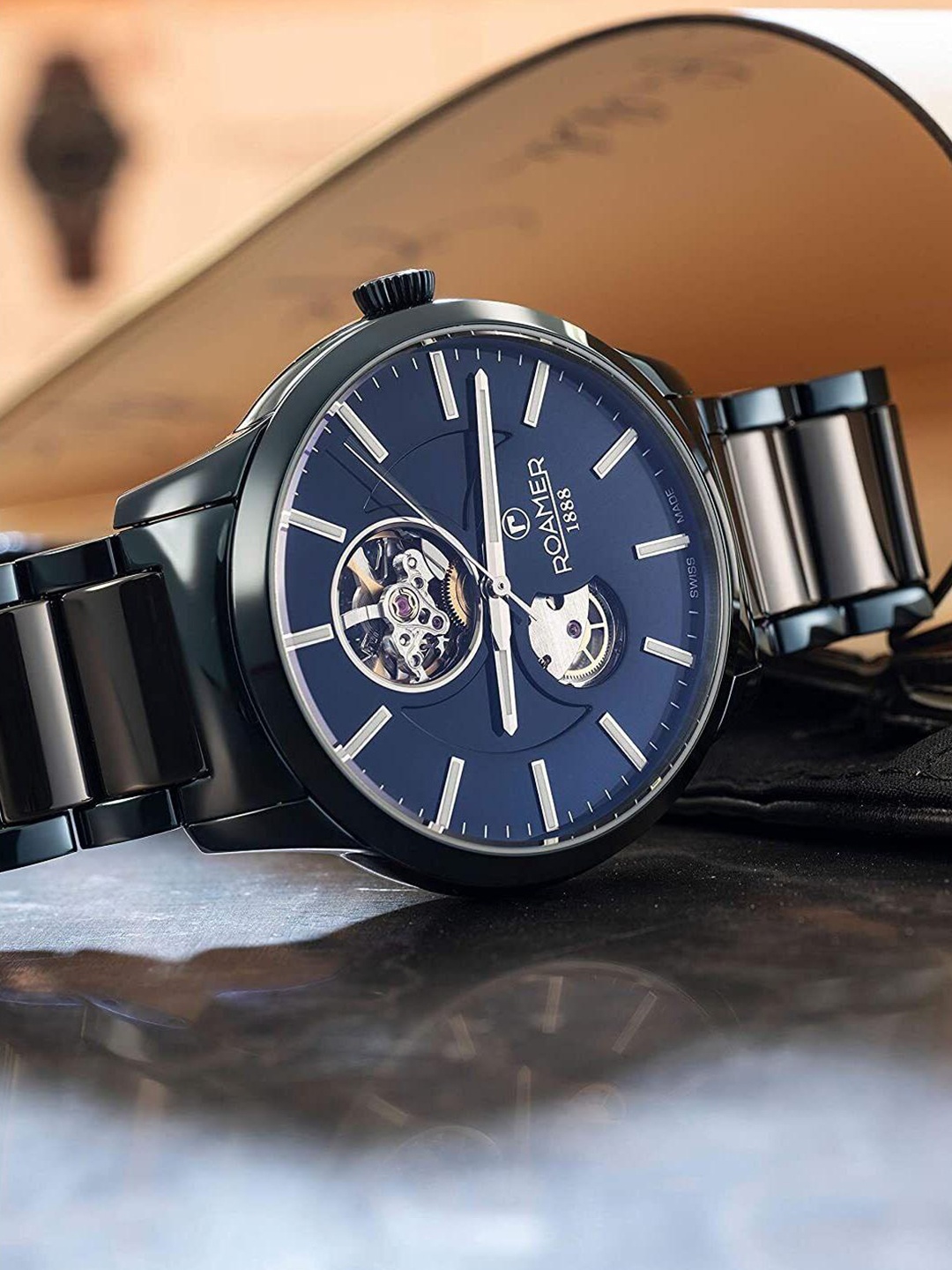 ROAMER Men Blue Brass Skeleton Dial & Black Stainless Steel Bracelet Style Straps Analogue Watch 672661 40
ROAMER Men Blue Brass Skeleton Dial & Black Stainless Steel Bracelet Style Straps Analogue Watch 672661 40