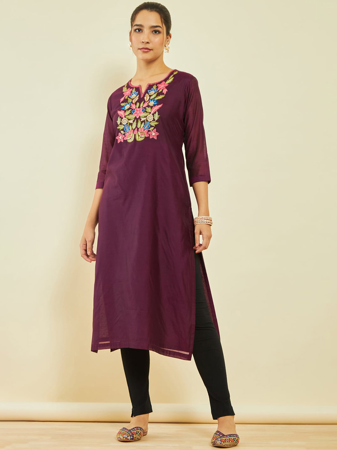 Soch Maroon Floral Yoke Design Thread Work Chanderi Silk Kurta 
Soch Maroon Floral Yoke Design Thread Work Chanderi Silk Kurta