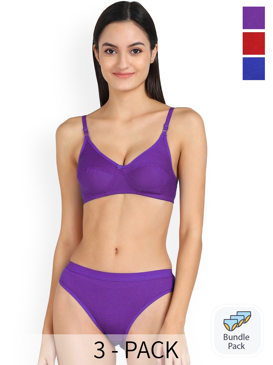 Aamarsh Pack Of 3 Non Padded Non-Wired Cotton Lingerie Set AP_Ruchi Set_Red,Blue,Purple_30
Aamarsh Pack Of 3 Non Padded Non-Wired Cotton Lingerie Set AP_Ruchi Set_Red,Blue,Purple_30