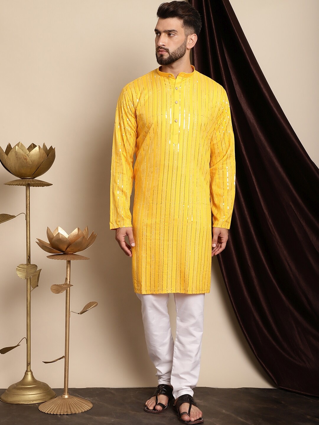 Anouk Striped Embroidered Band Collar Sequinned Pure Cotton Straight Kurta with Churidar, Yellow
Anouk Striped Embroidered Band Collar Sequinned Pure Cotton Straight Kurta with Churidar, Yellow