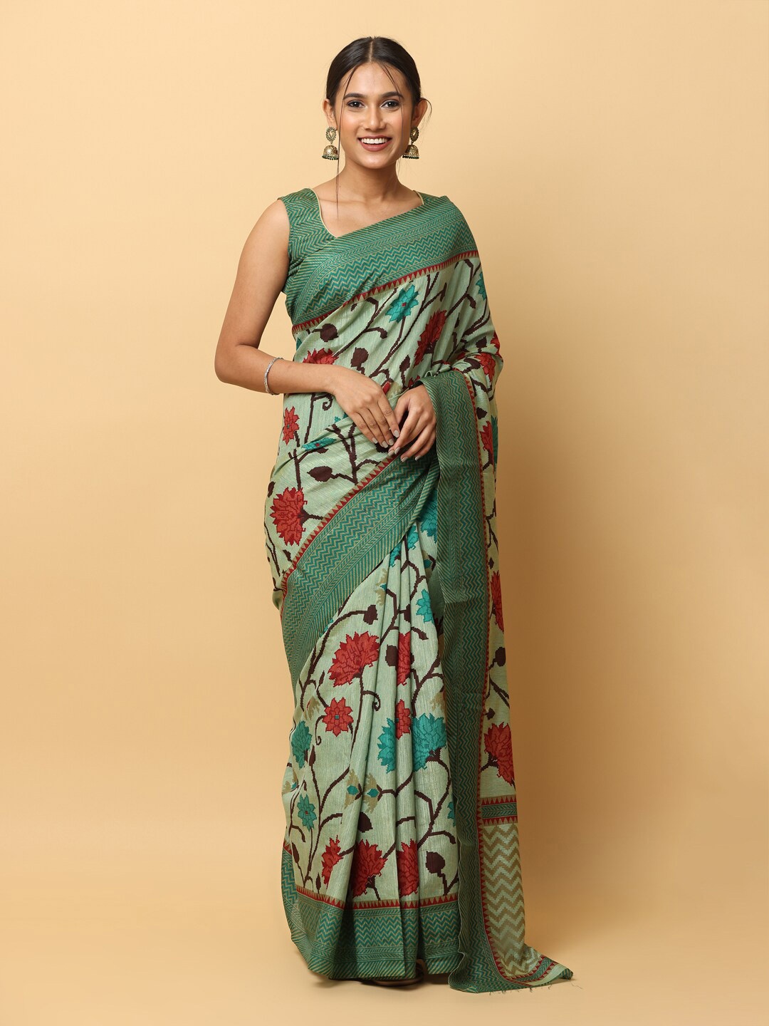 VASTRANAND Floral Printed Zari Saree, Green