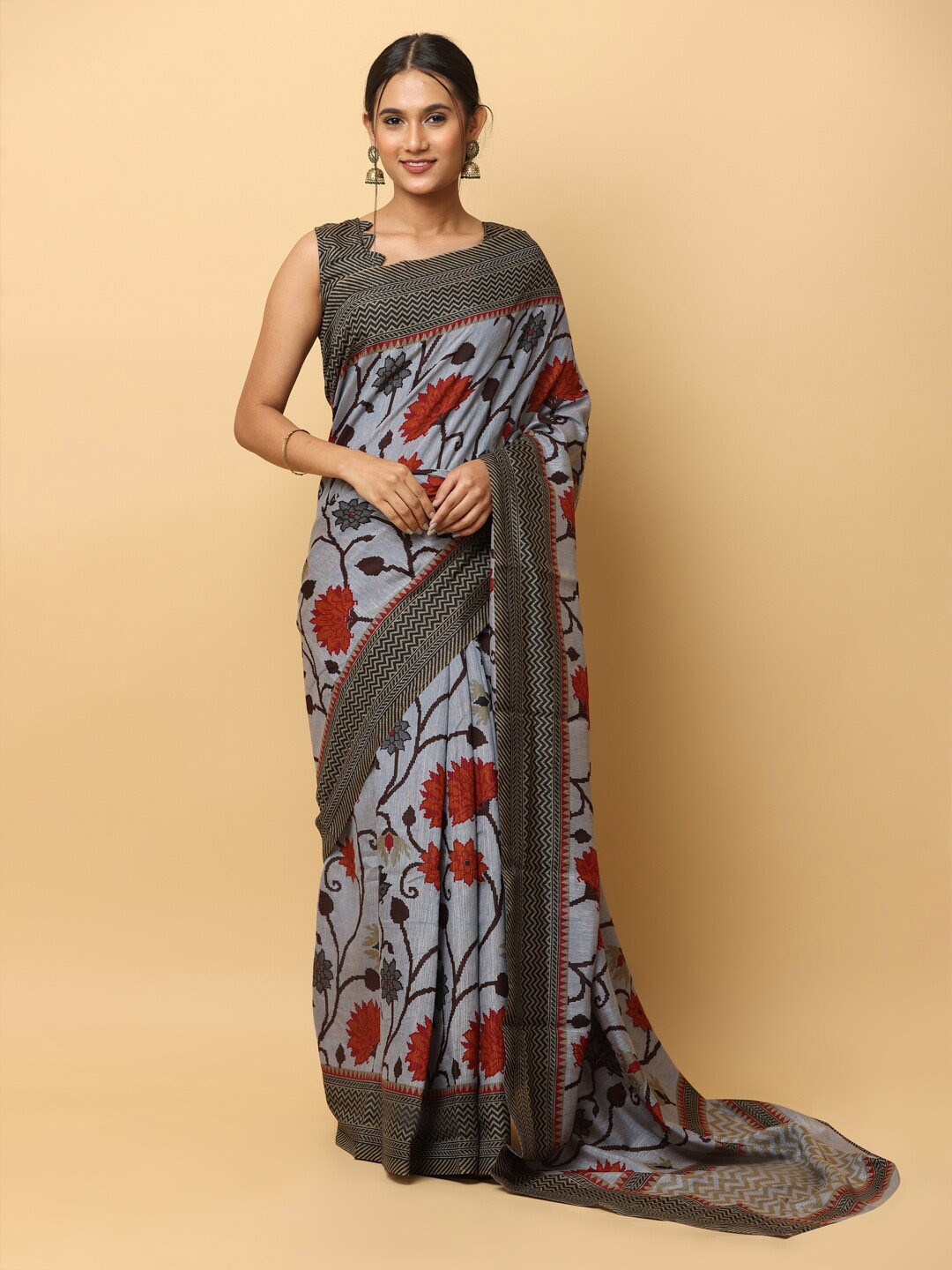 VASTRANAND Floral Printed Zari Saree, Grey