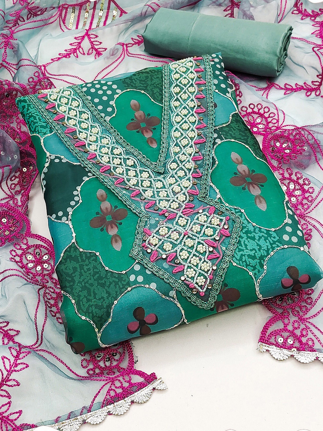 MANVAA Ethnic Motif Printed Beads and Stones Organza Unstitched Dress Material, Green
MANVAA Ethnic Motif Printed Beads and Stones Organza Unstitched Dress Material, Green