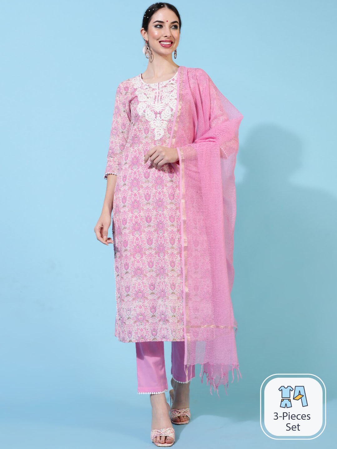 INDIE CLOSET Floral Printed Thread Work Pure Cotton Kurta With Trousers & Dupatta, Pink
INDIE CLOSET Floral Printed Thread Work Pure Cotton Kurta With Trousers & Dupatta, Pink