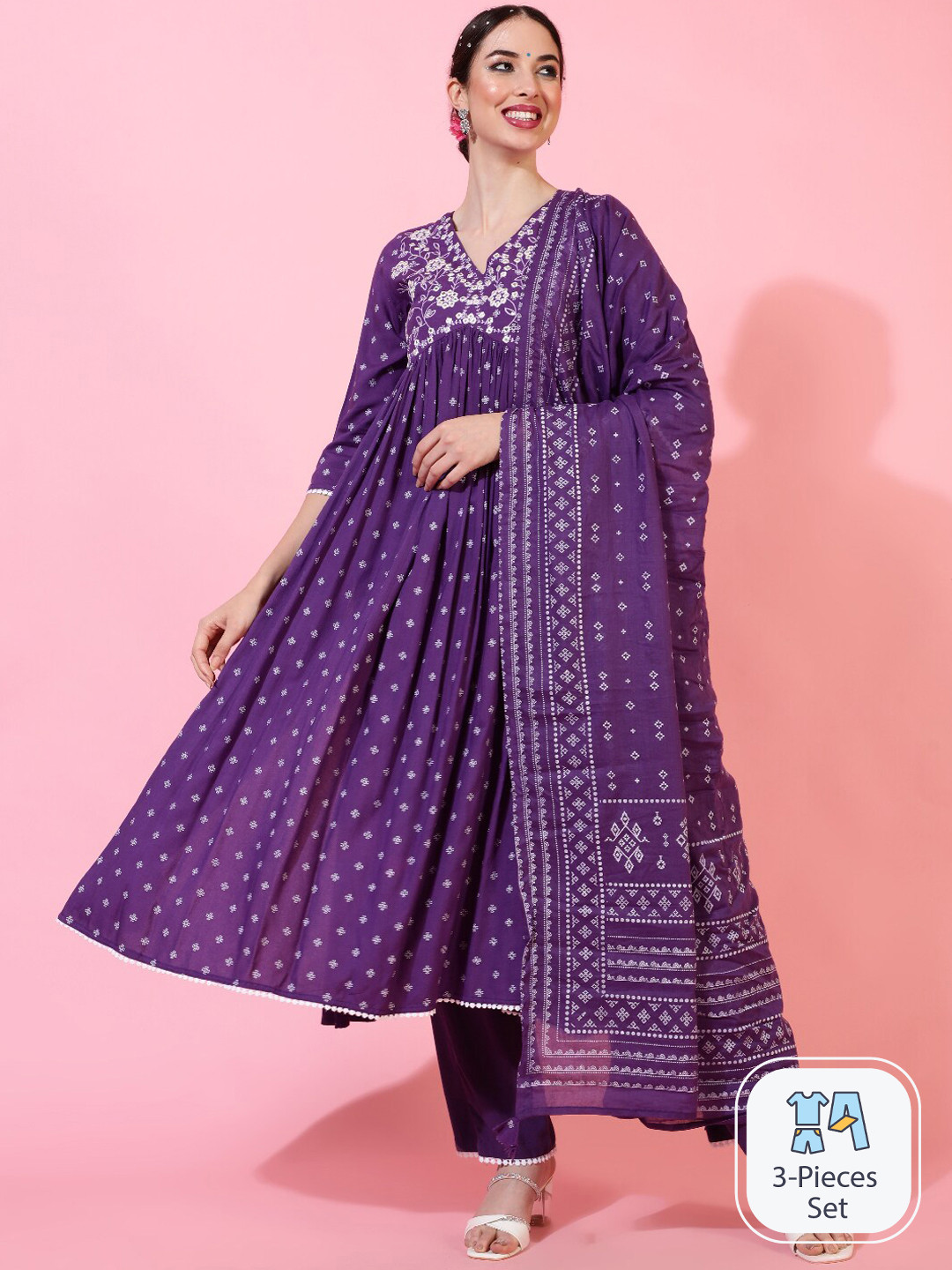 INDIE CLOSET Printed Empire Thread Work Pure Cotton Anarkali Kurta With Trousers & Dupatta, Purple
INDIE CLOSET Printed Empire Thread Work Pure Cotton Anarkali Kurta With Trousers & Dupatta, Purple