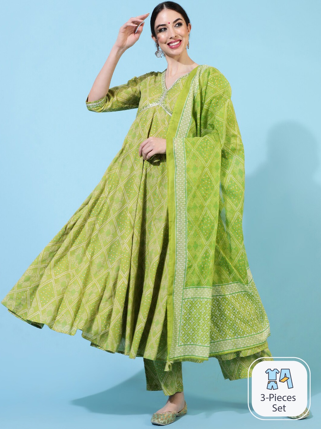 INDIE CLOSET Printed Empire Mirror Work Pure Cotton Anarkali Kurta With Trousers & Dupatta, Green
INDIE CLOSET Printed Empire Mirror Work Pure Cotton Anarkali Kurta With Trousers & Dupatta, Green