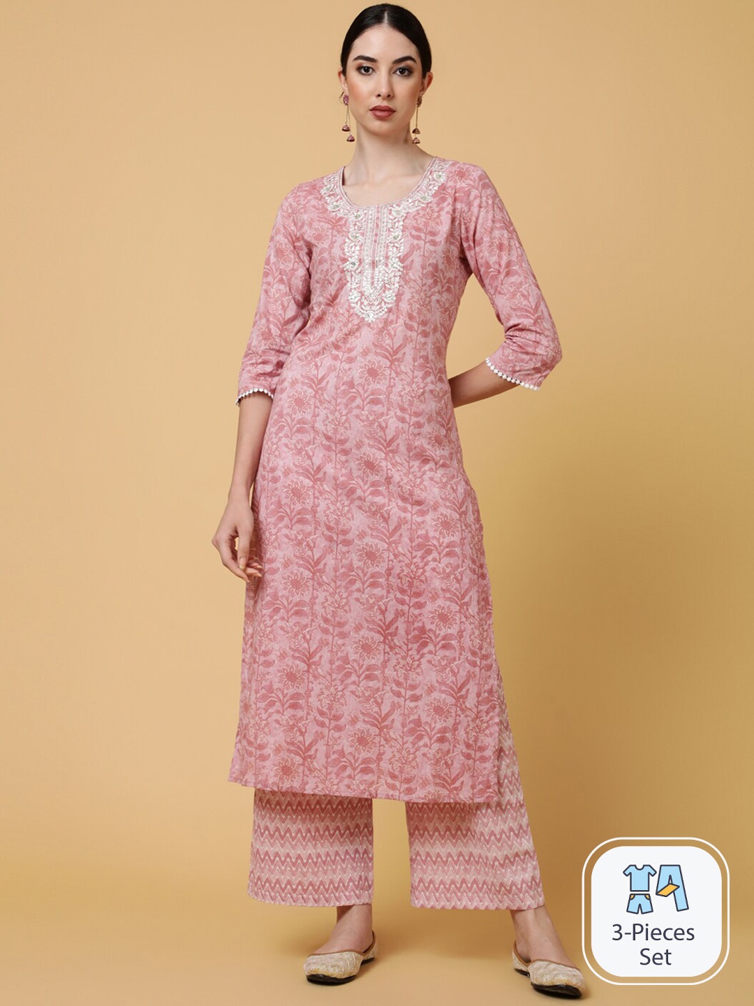 INDIE CLOSET Floral Printed Thread Work Pure Cotton Kurta With Palazzos & Dupatta, Pink
INDIE CLOSET Floral Printed Thread Work Pure Cotton Kurta With Palazzos & Dupatta, Pink