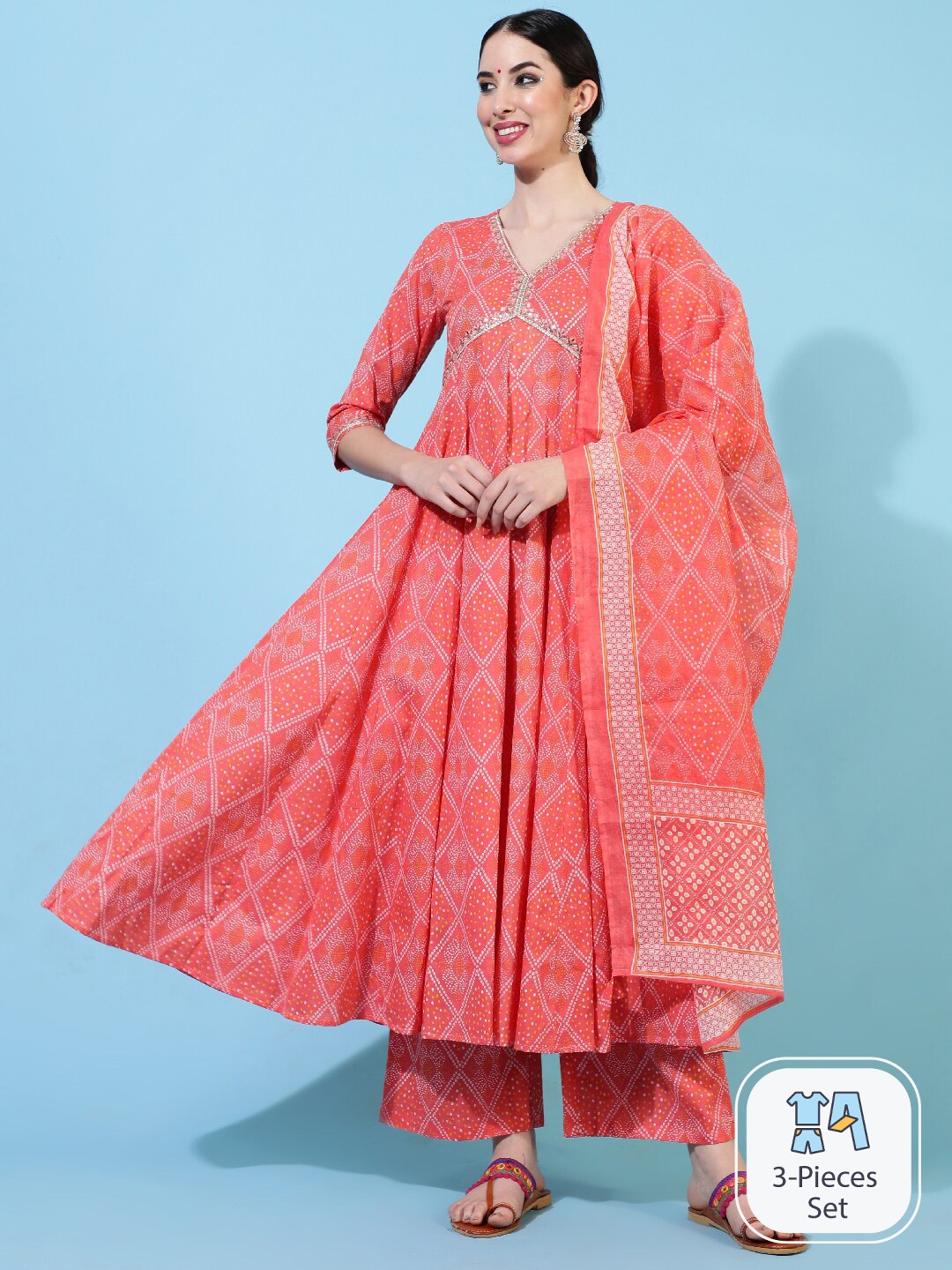 INDIE CLOSET Bandhani Printed Mirror Work Pure Cotton Kurta with Palazzos & Dupatta, Peach
INDIE CLOSET Bandhani Printed Mirror Work Pure Cotton Kurta with Palazzos & Dupatta, Peach